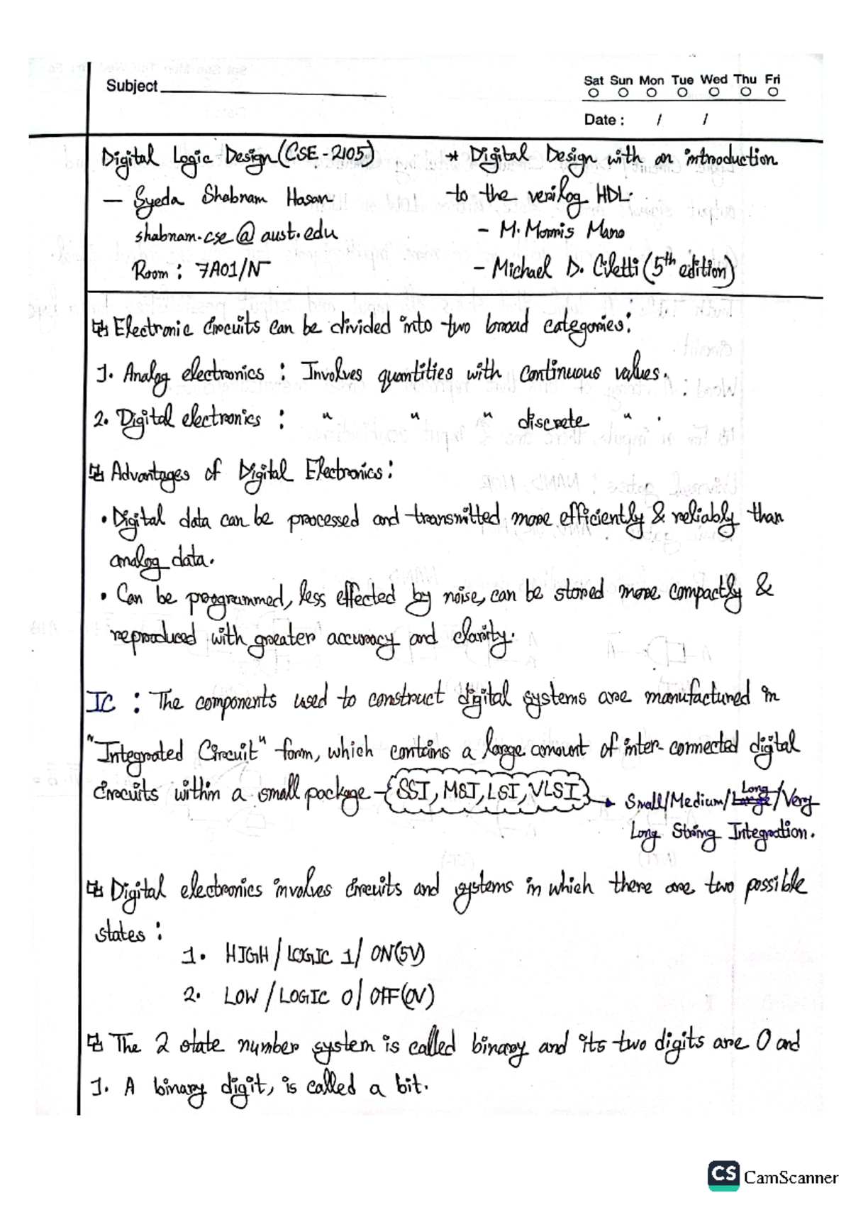 Logic Less DLD - class notes - Subject Sat Sun Mon Tue Wed Thu Fri Date ...