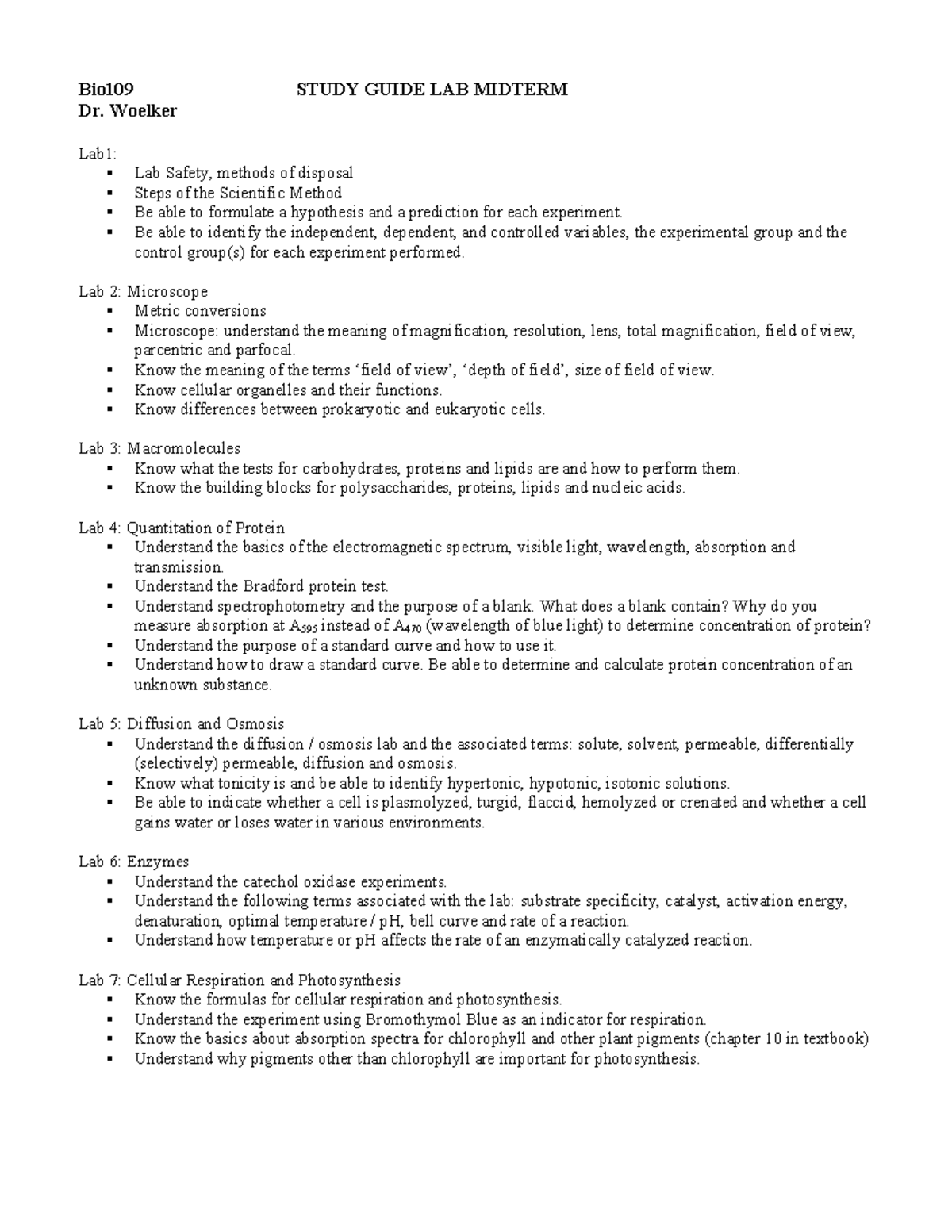 Bio109 Lab Midterm Study Guide: Key Concepts & Experiments - Studocu