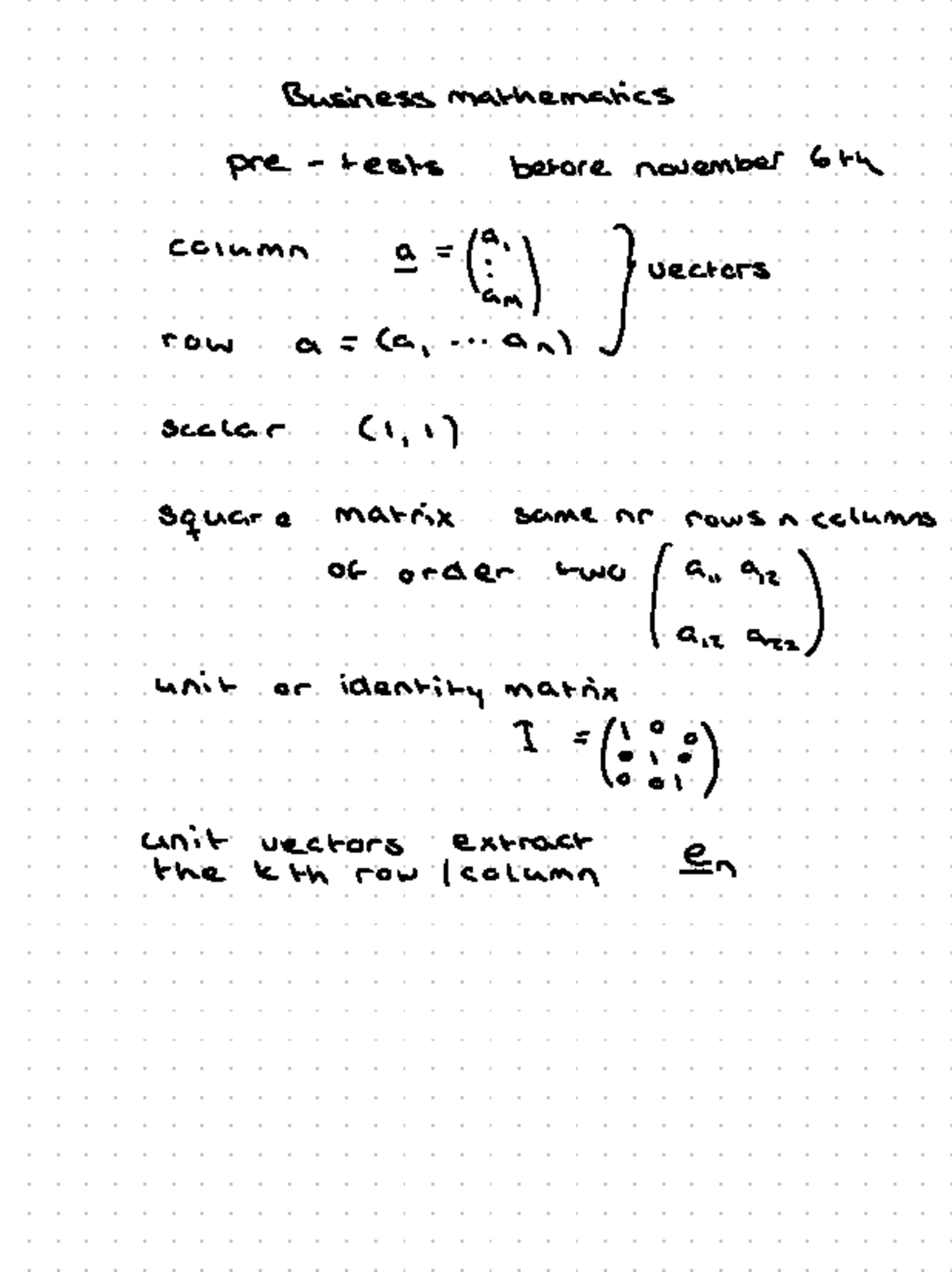 Business Mathematics Pre-Test: Vectors, Matrices, and Equations - Studocu