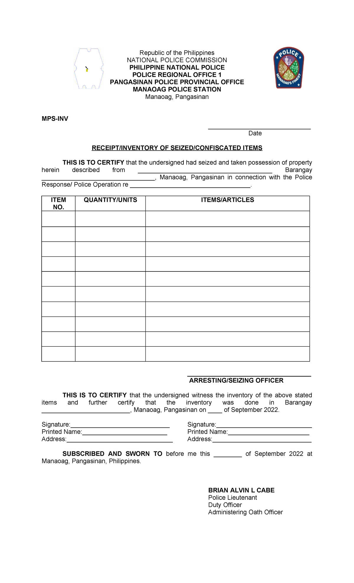 Inventory Receipt for Police Operation - Manaoag, Pangasinan - Studocu