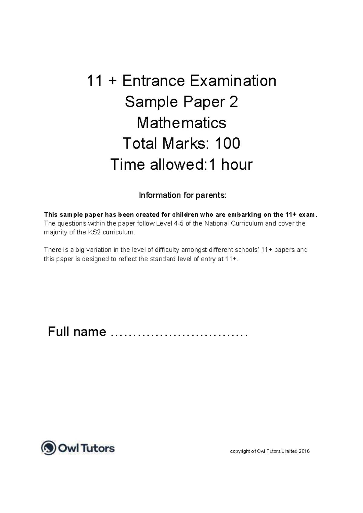 Maths-paper 2 - English-paper 2a - 11 + Entrance Examination Sample ...
