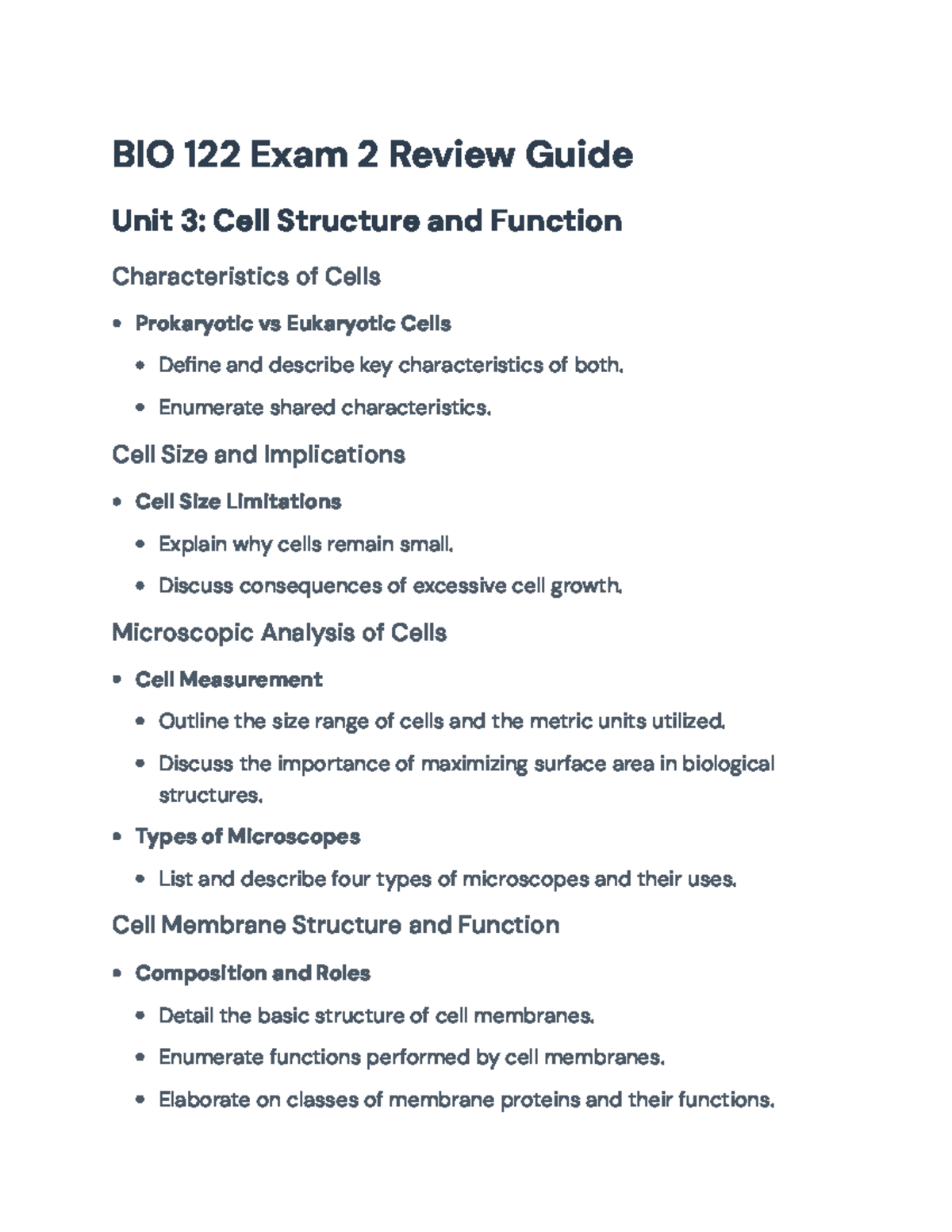 BIO 122 Exam 2 Review Guide: Cell Structure, Function, and Metabolism ...