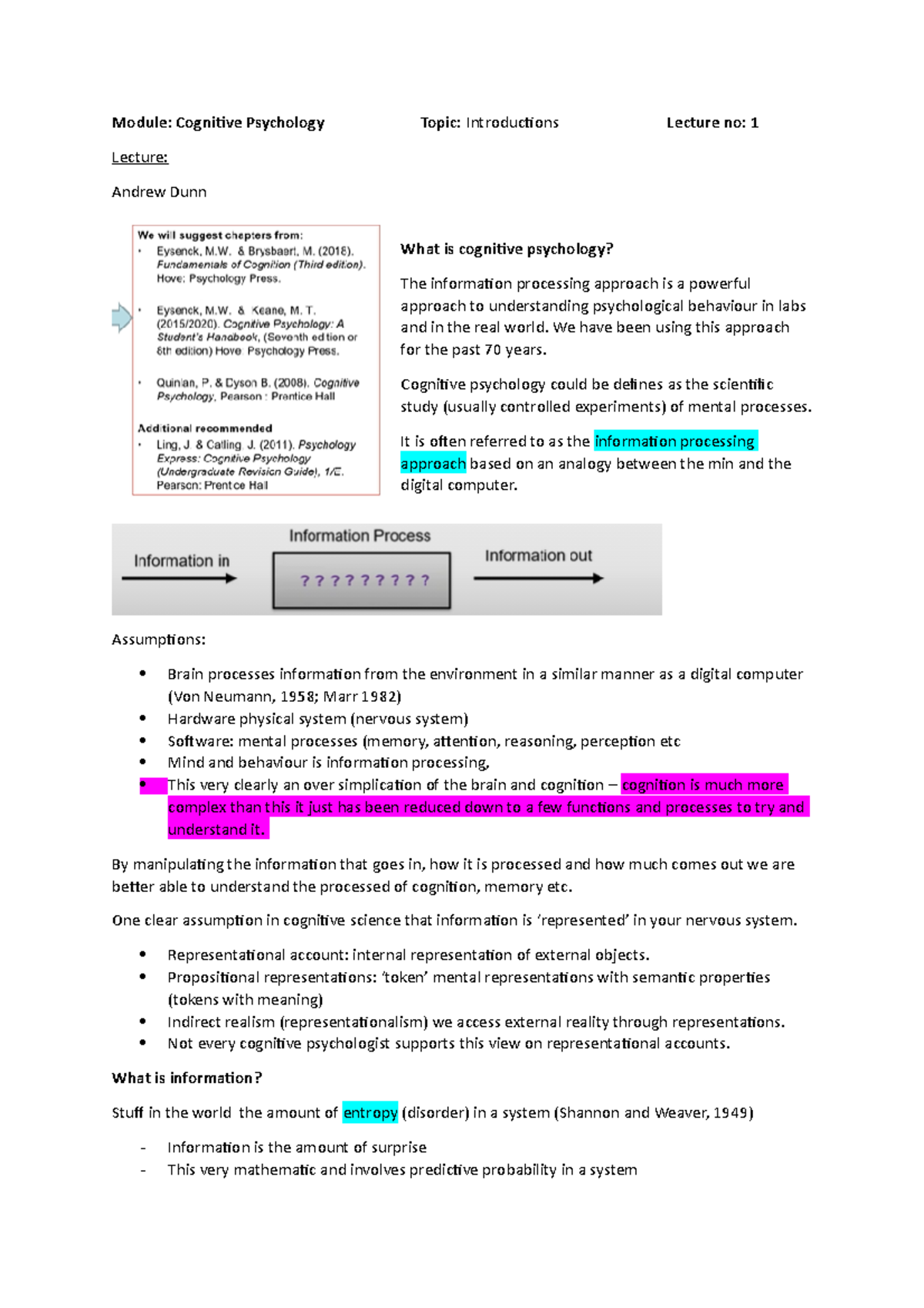 Cognitive lecture 1 what is cognitive psych - Module: Cognitive ...