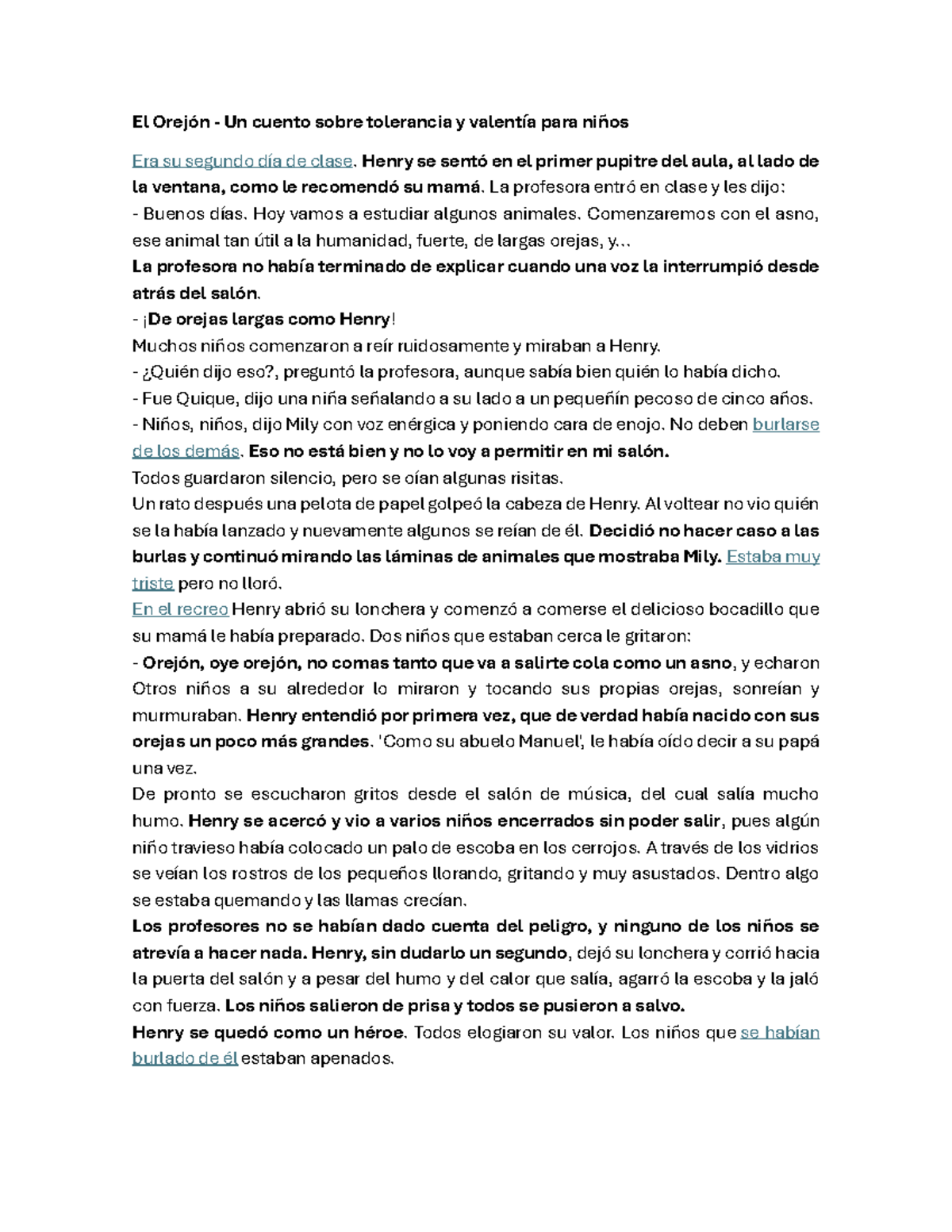 El Orejón: Cuento Infantil sobre Tolerancia y Valentía - Studocu