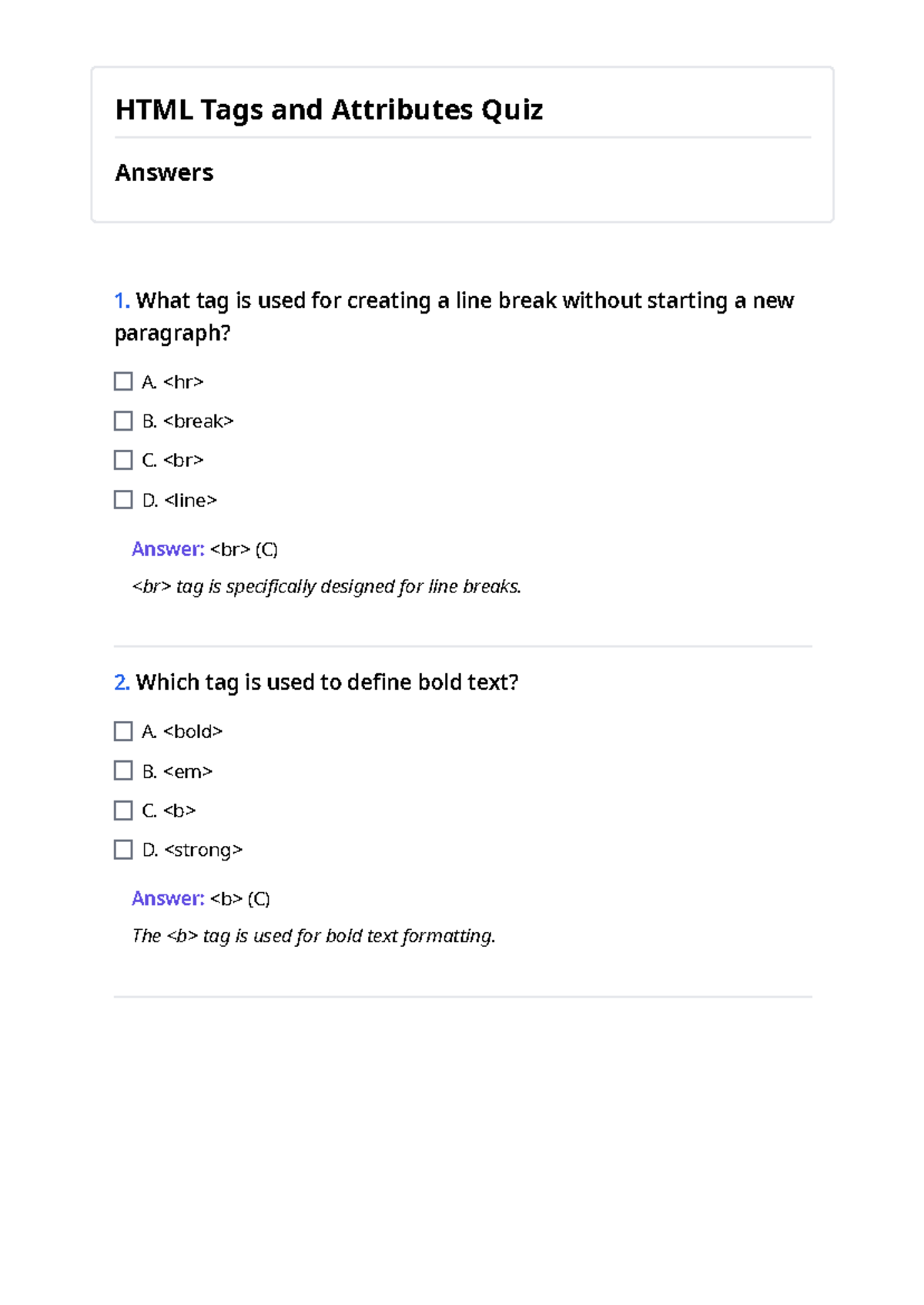 HTML Tags and Attributes Quiz - HTML Tags and Attributes Quiz Answers 1 ...