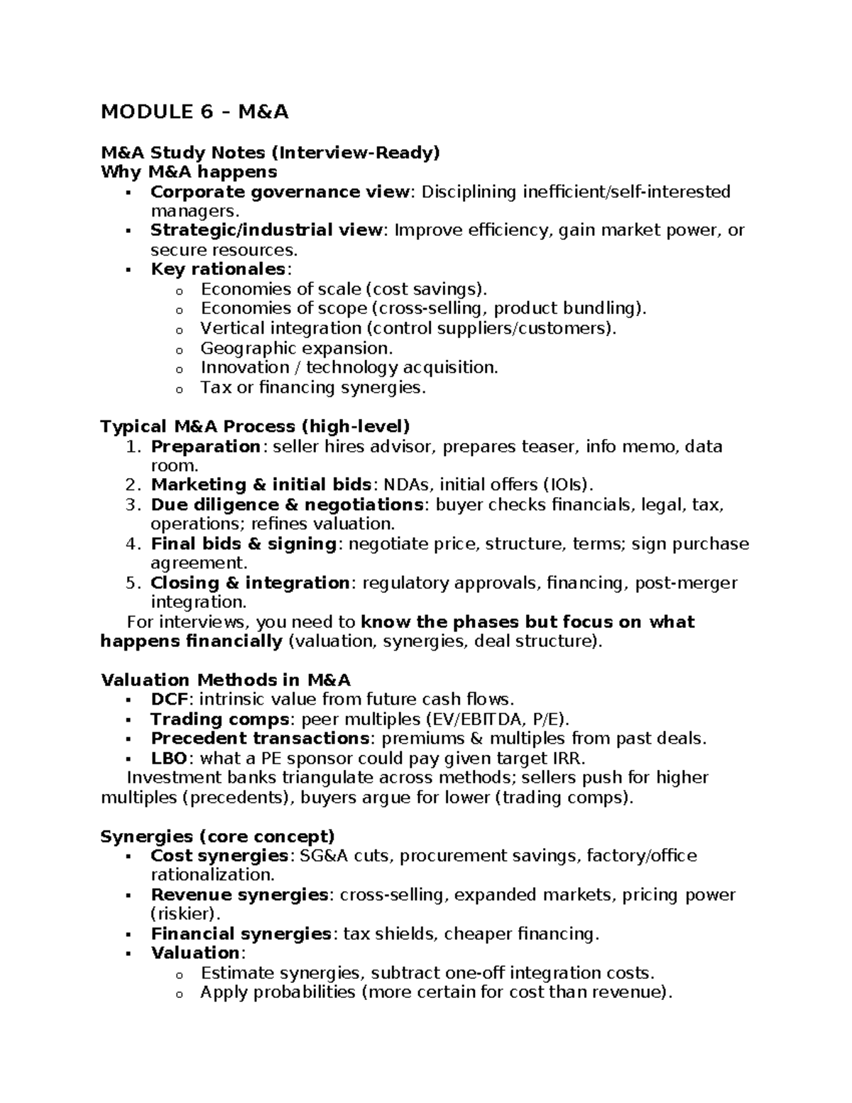 6 - M&A Final Exam Notes: Financial Mechanics & Synergies - Studocu