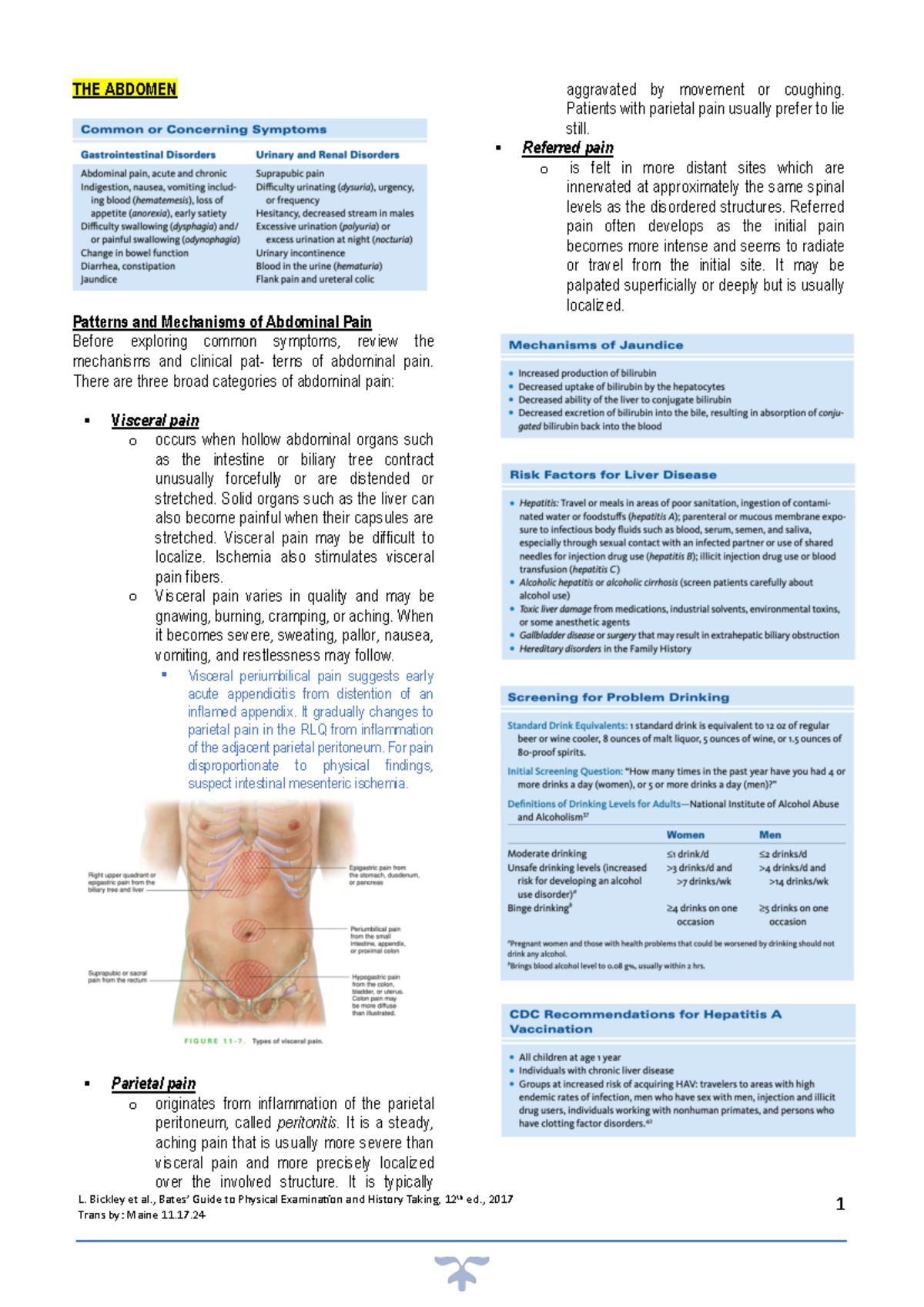 Abdominal Pain Mechanisms and Examination Techniques - Med 101 - Studocu