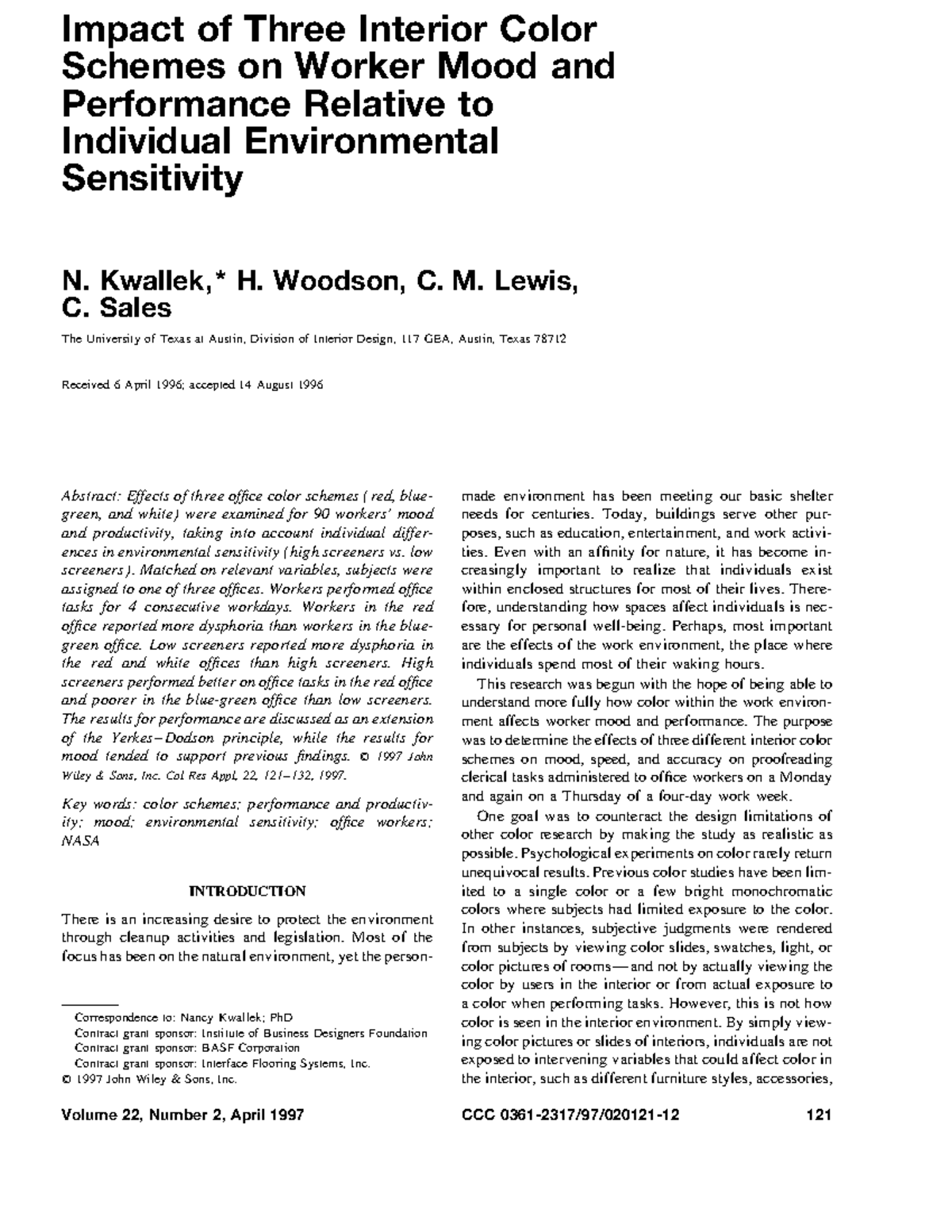 Impact of three interior color schemes on worker mood and performance ...