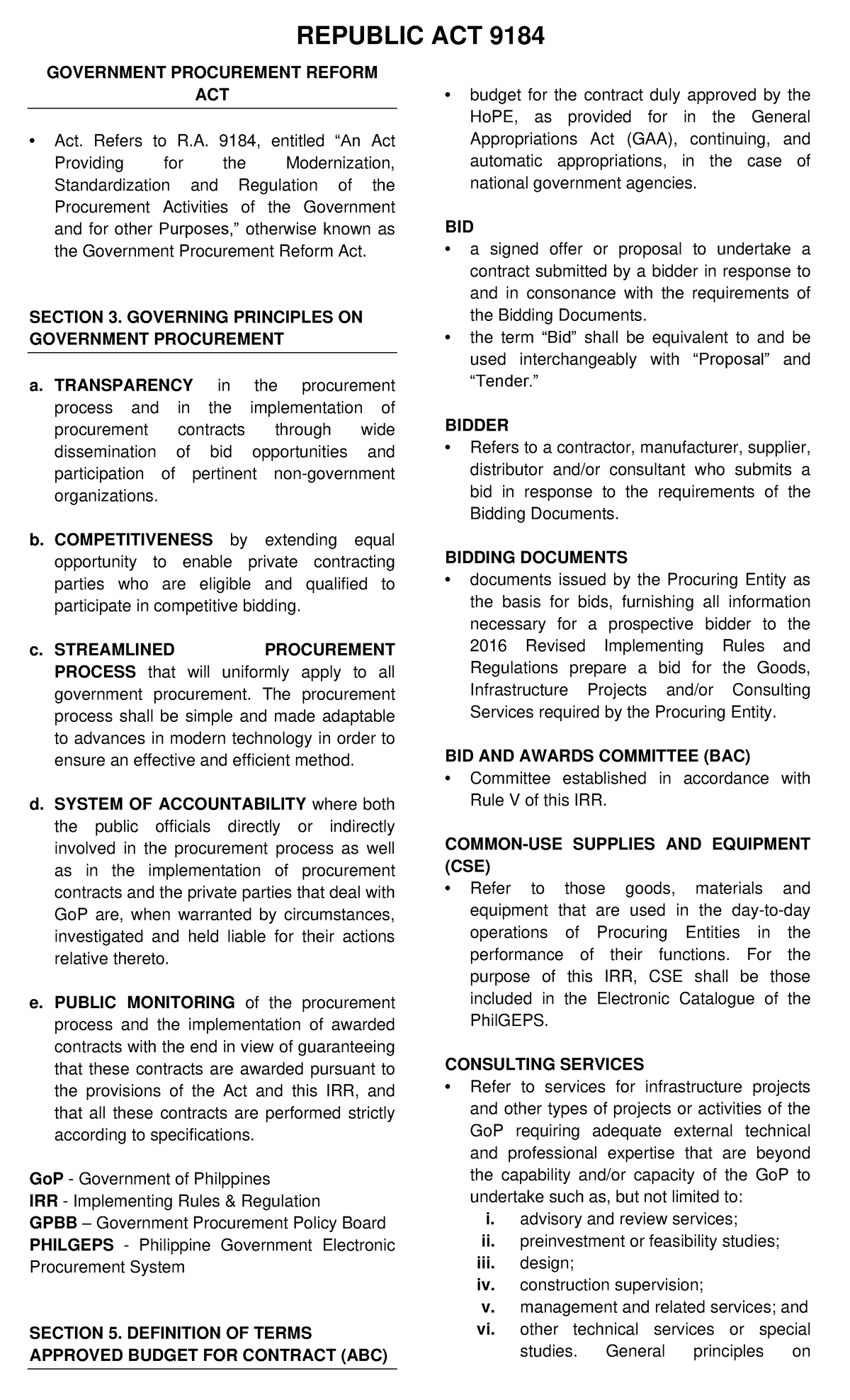RA9184 - Government Procurement Reform Act Overview Notes - Studocu