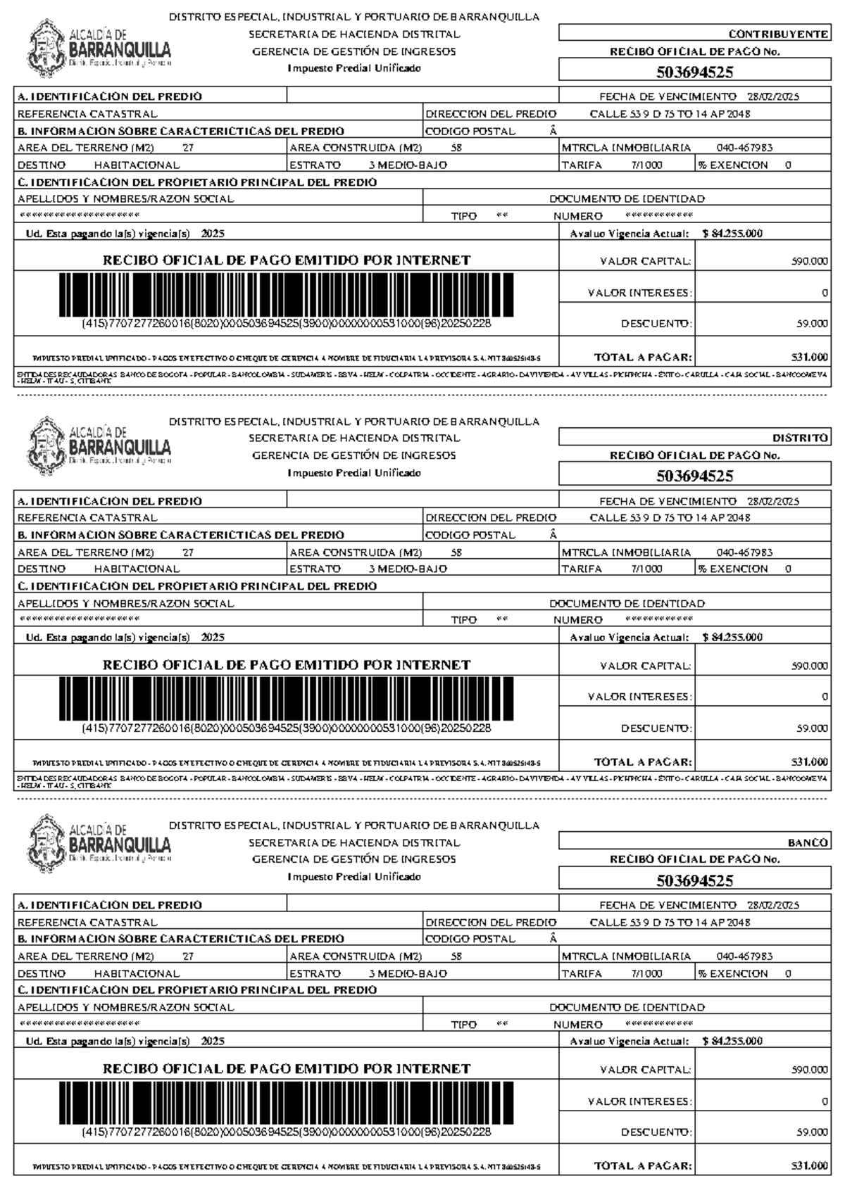 Recibo Oficial de Pago Impuesto Predial Unificado - Barranquilla - Studocu