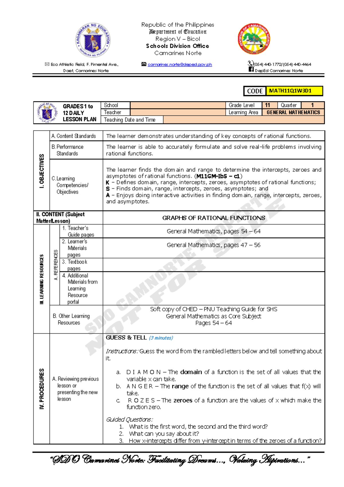 MATH11Q1W3D1 - Lesson Plan on Rational Functions and Their Graphs - Studocu