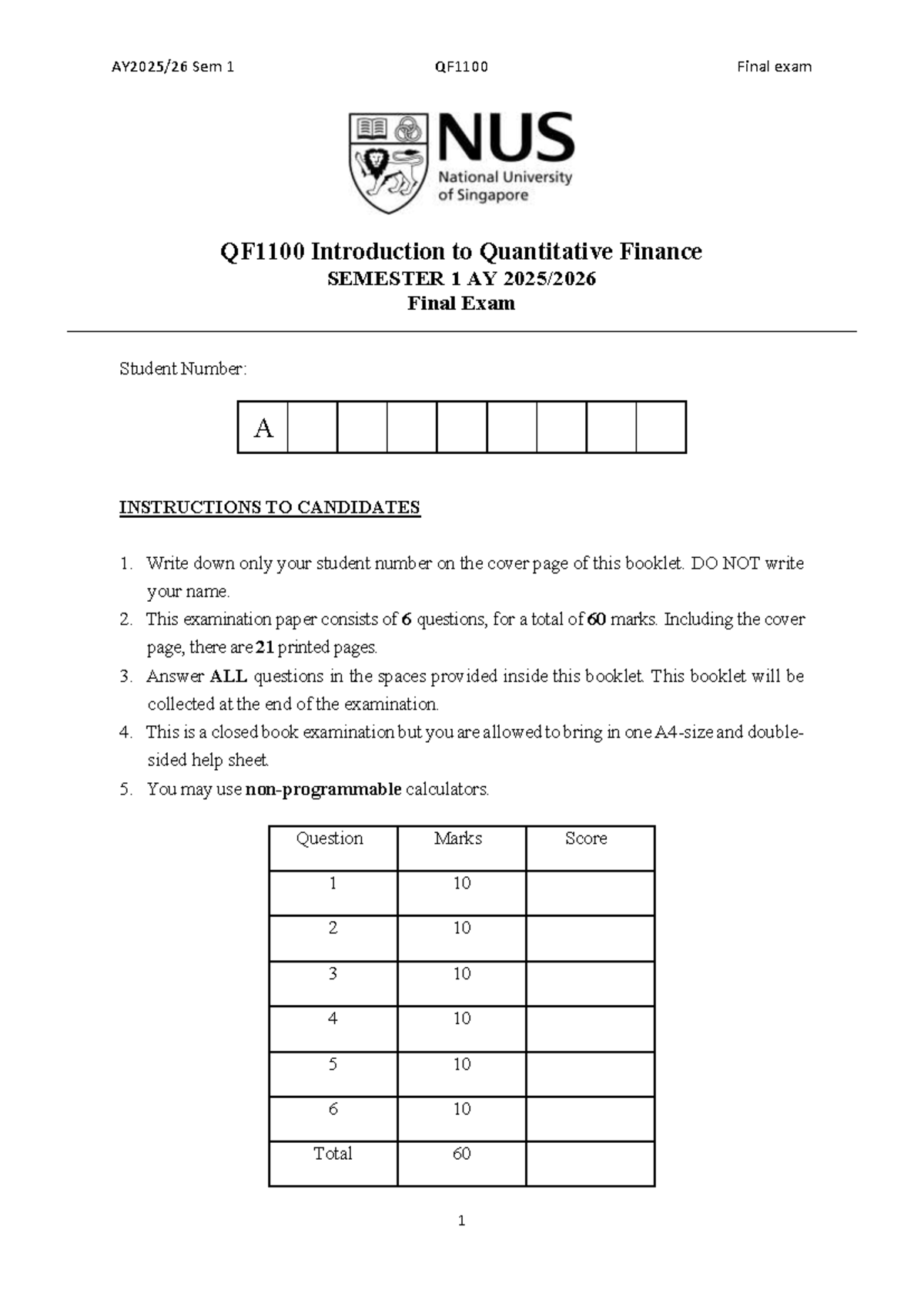 Sem 1 QF1100 Final Exam Review: Introduction to Quantitative Finance ...