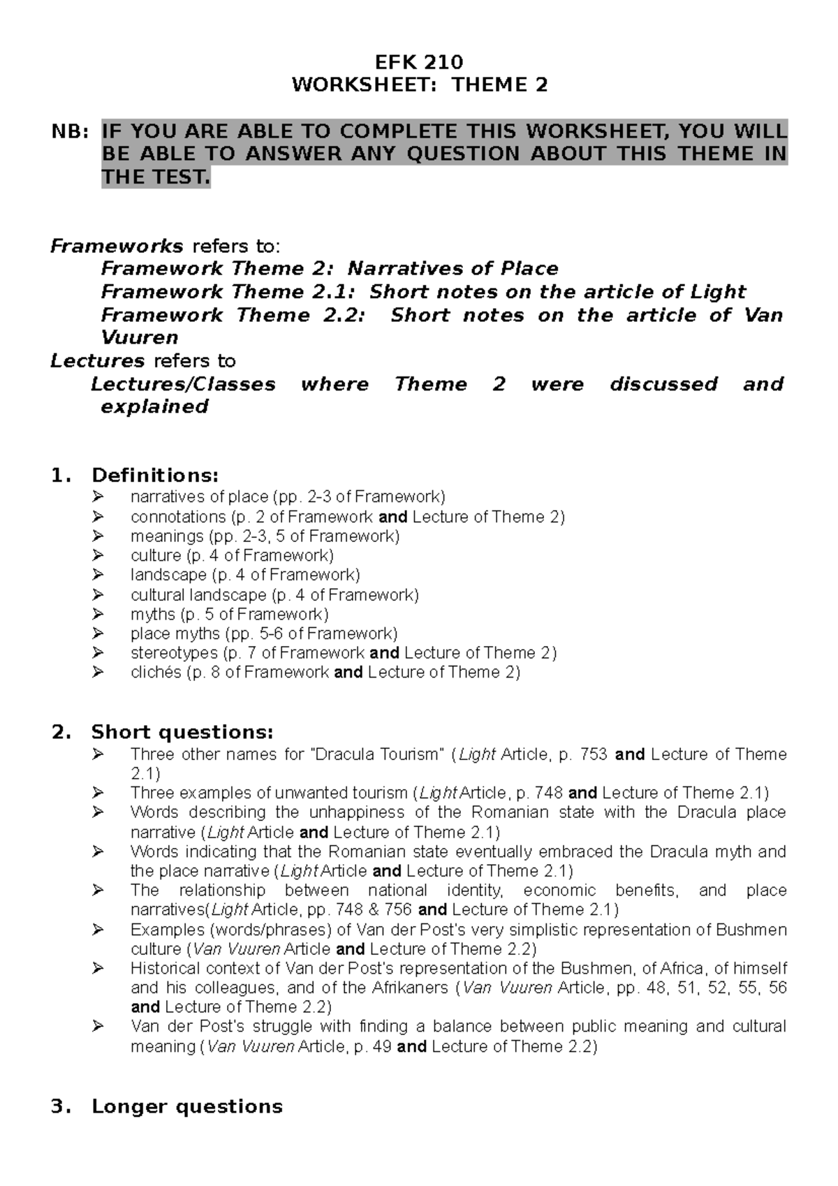 EFK210 Worksheet Theme 2 2023 - EFK 210 WORKSHEET: THEME 2 NB: IF YOU ...
