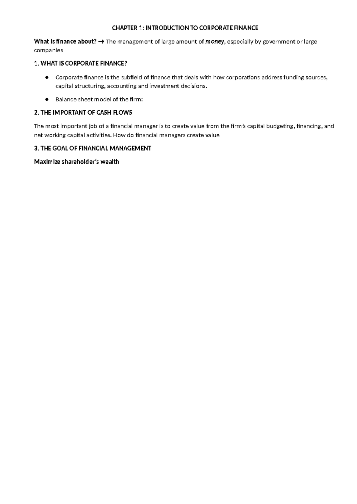 Chapter 1 finance - CHAPTER 1: INTRODUCTION TO CORPORATE FINANCE What ...