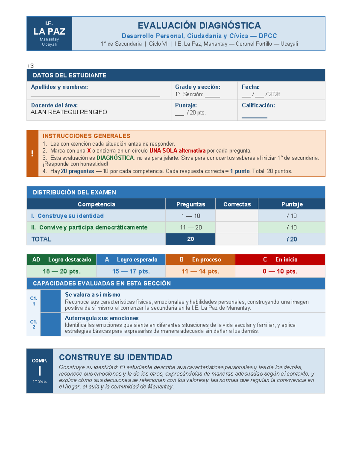 Evaluación Diagnóstica DPCC 1ro Secundaria I.E. La Paz 2026 - Studocu