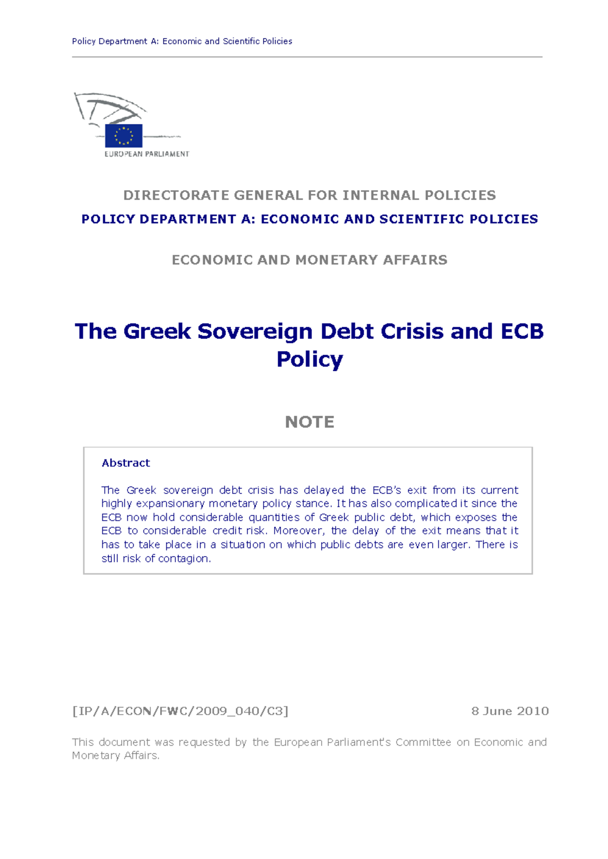 The Greek Sovereign Debt Crisis - Policy Department A: Economic and ...