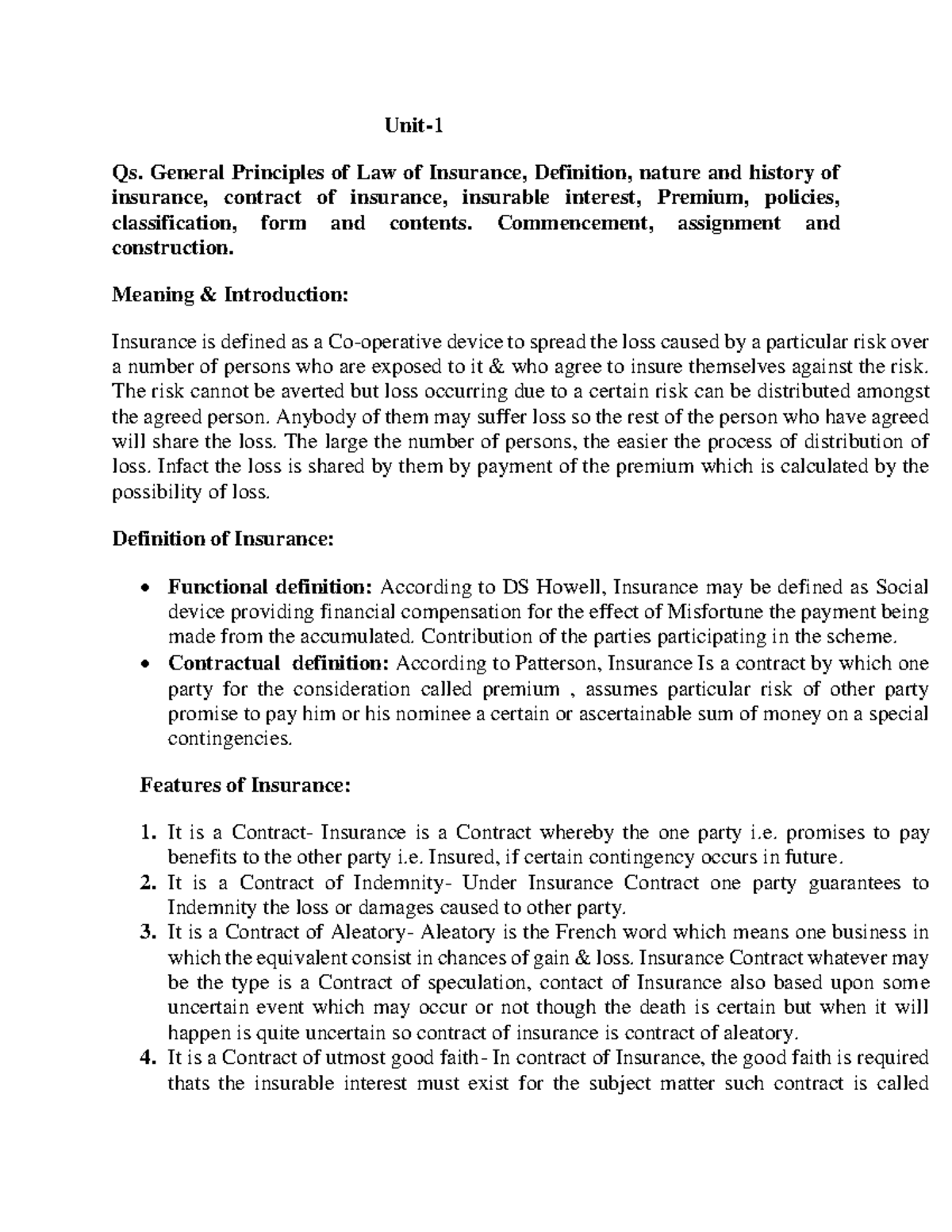 Insurance LAW - Unit- 1 Qs. General Principles of Law of Insurance ...