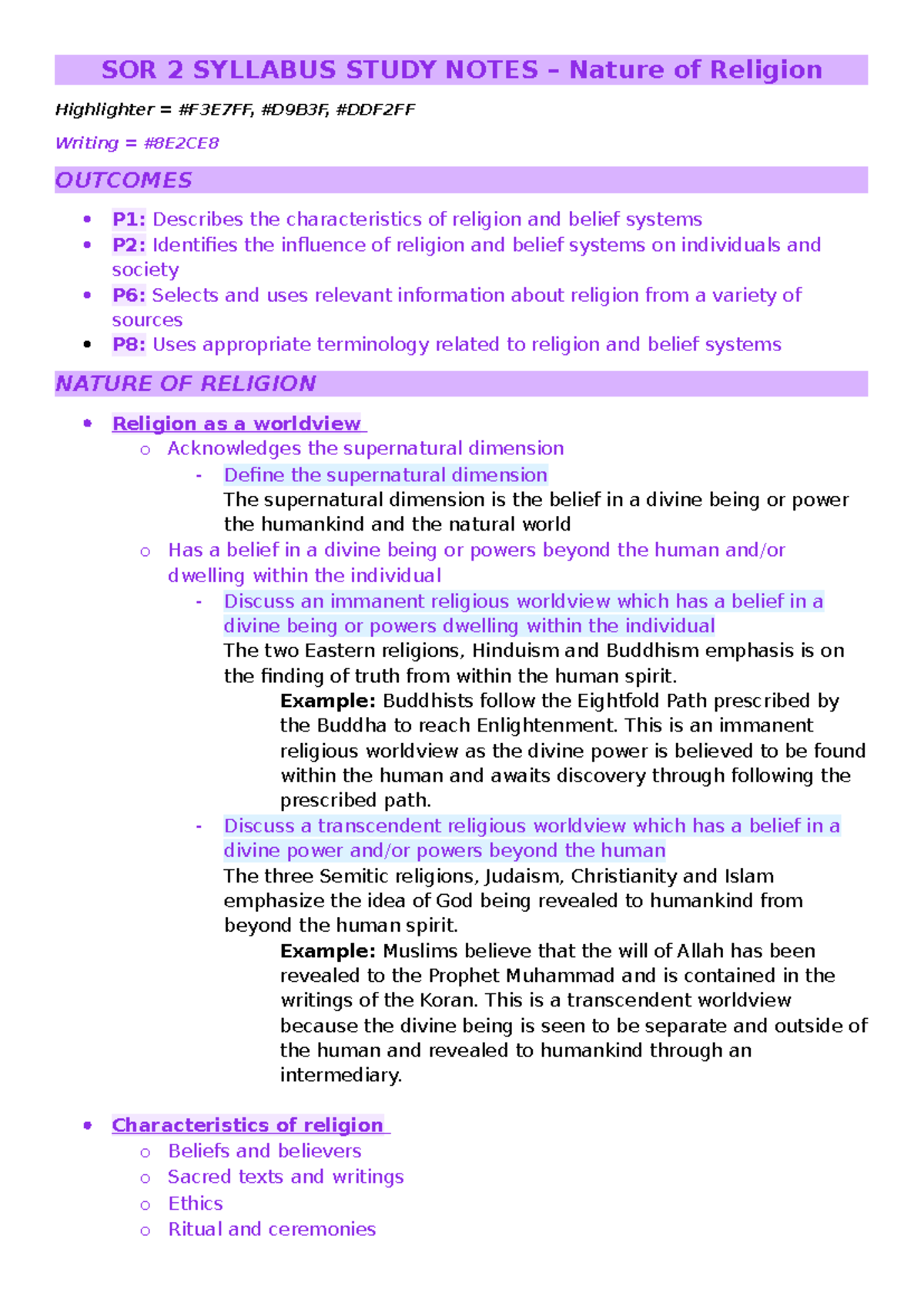 SOR 2 Study Notes: Nature of Religion and Belief Systems - Studocu