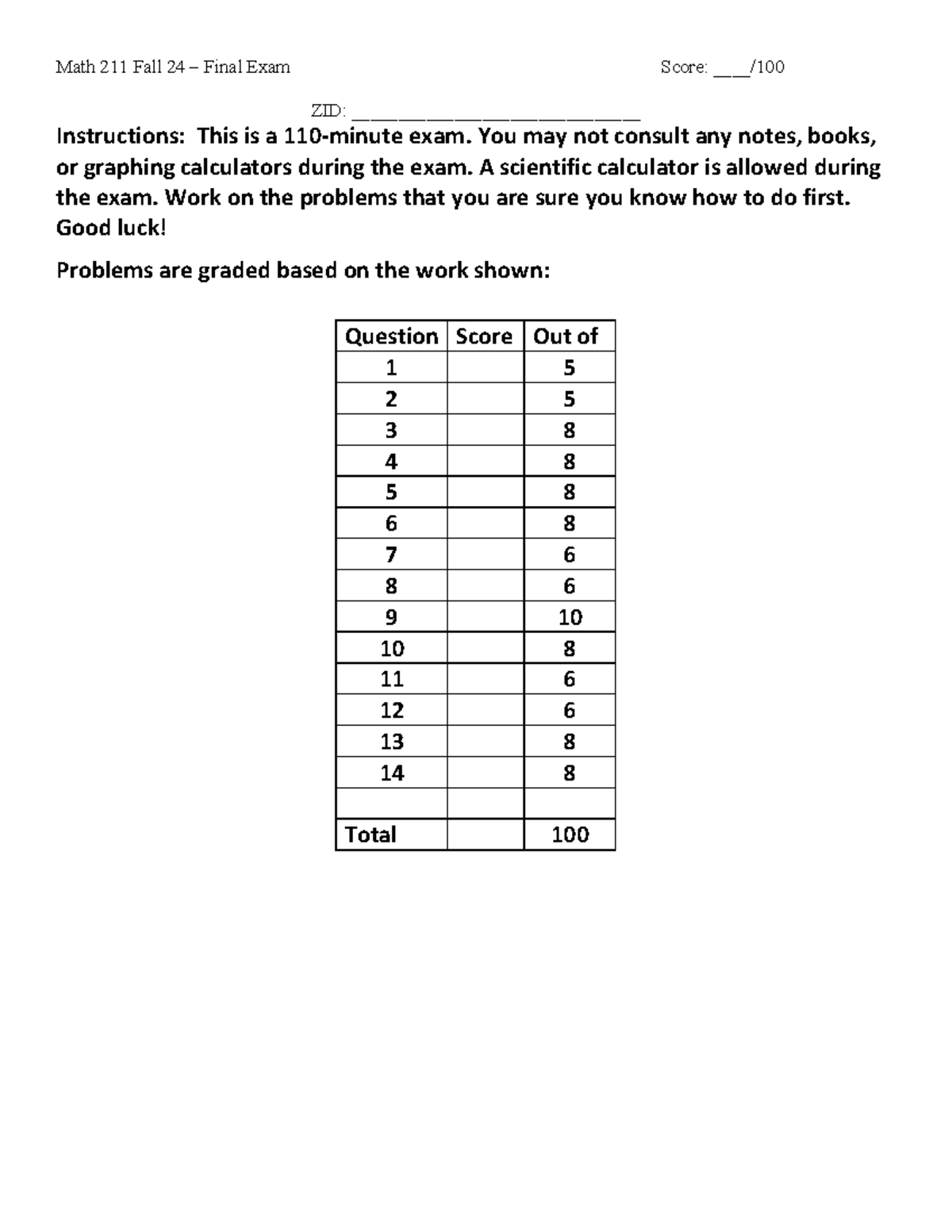 MATH 211 Fall 24 Final Exam Instructions and Scoring Guide - Studocu