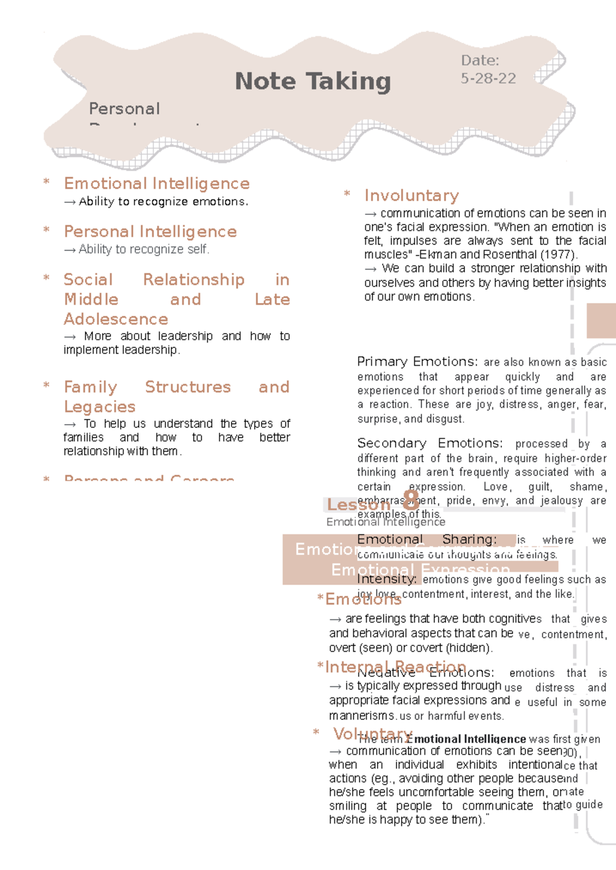 Social Science: Personal Development - Date: Note Taking 5-28- Personal ...
