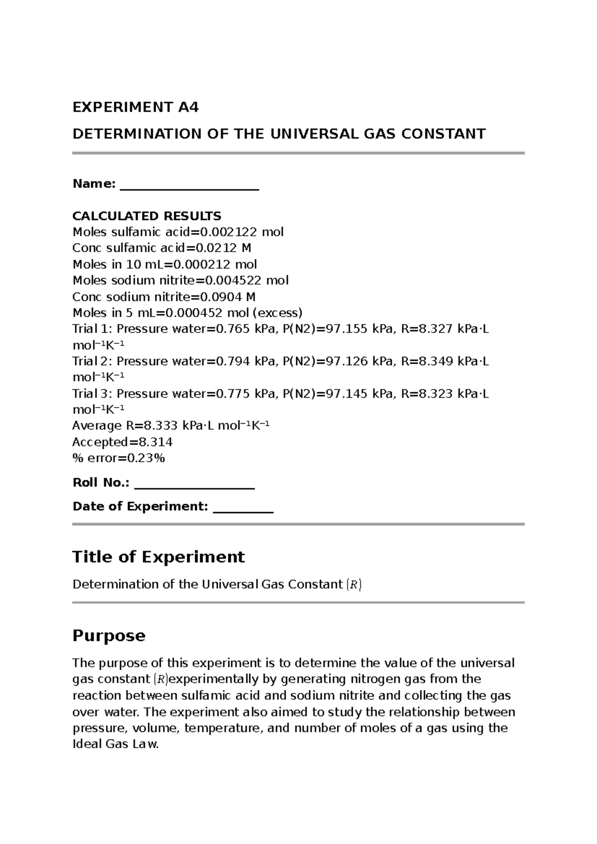 Experiment A4: Determination of the Universal Gas Constant (R) - Studocu