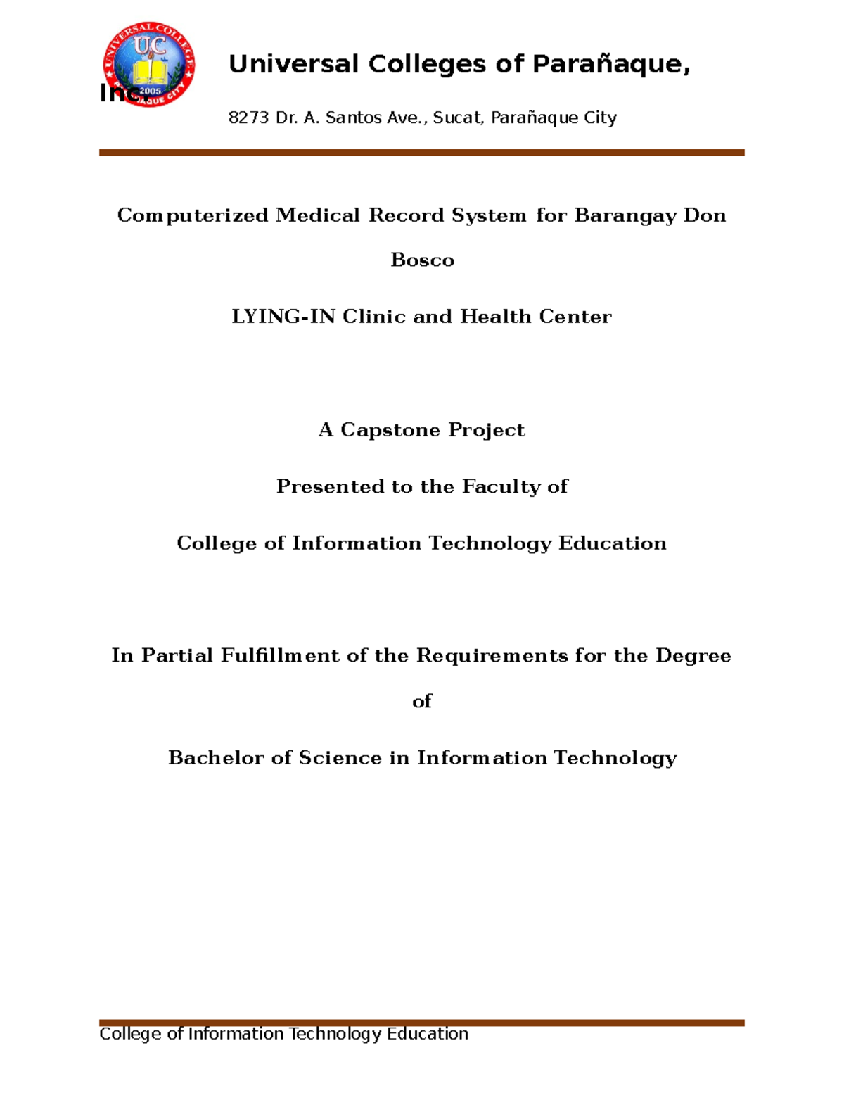 Capstone Project: Computerized Medical Record System for IT BS Degree ...