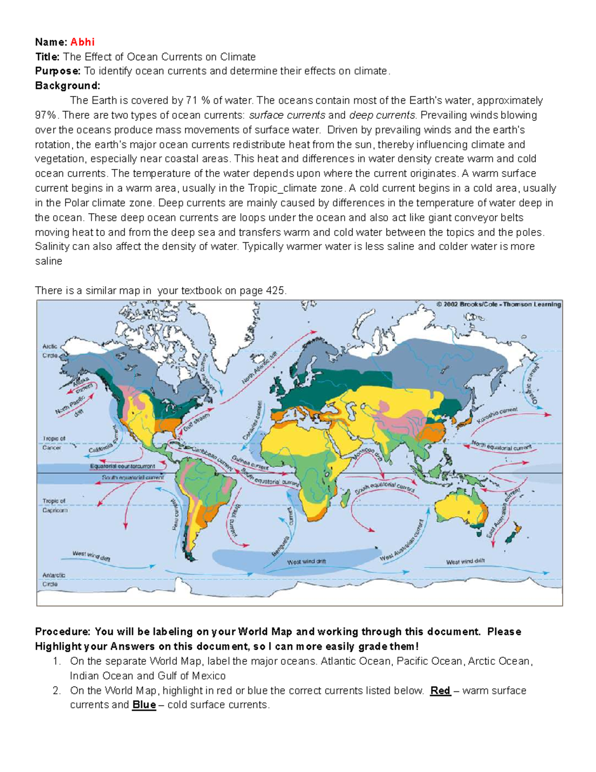 APES 101: Ocean Currents and Their Climate Impact Activity - Studocu