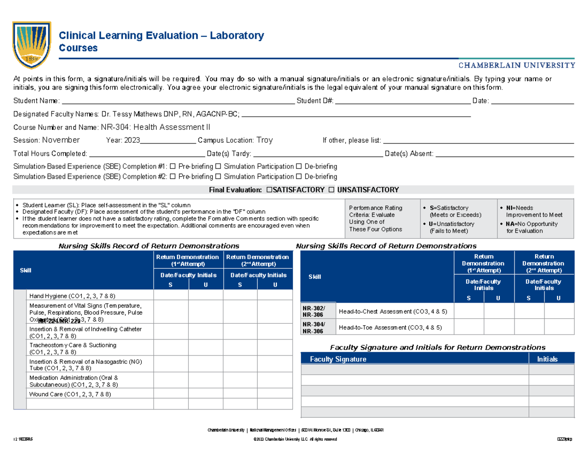 NR 304 Clinical Learning Evaluation Form - November 2023 - Studocu