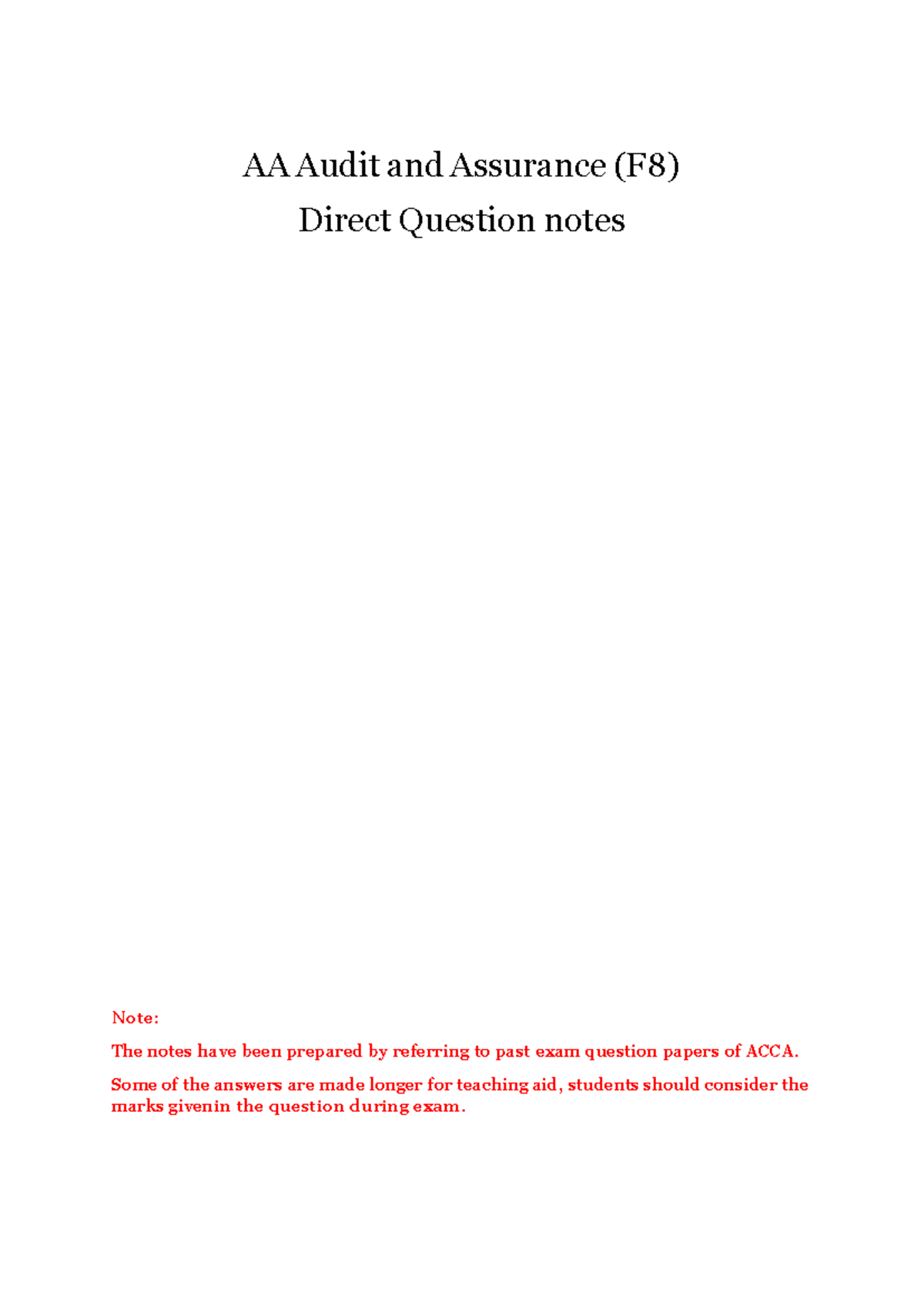 AA Audit & Assurance (F8) Direct Question Notes for Exams - Studocu