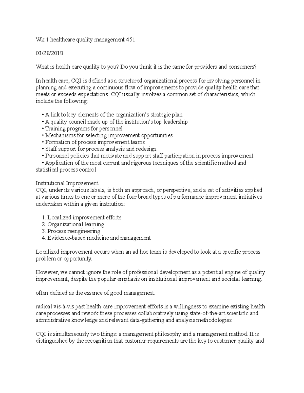 Wk 1: Continuous Quality Improvement in Healthcare Quality Management ...