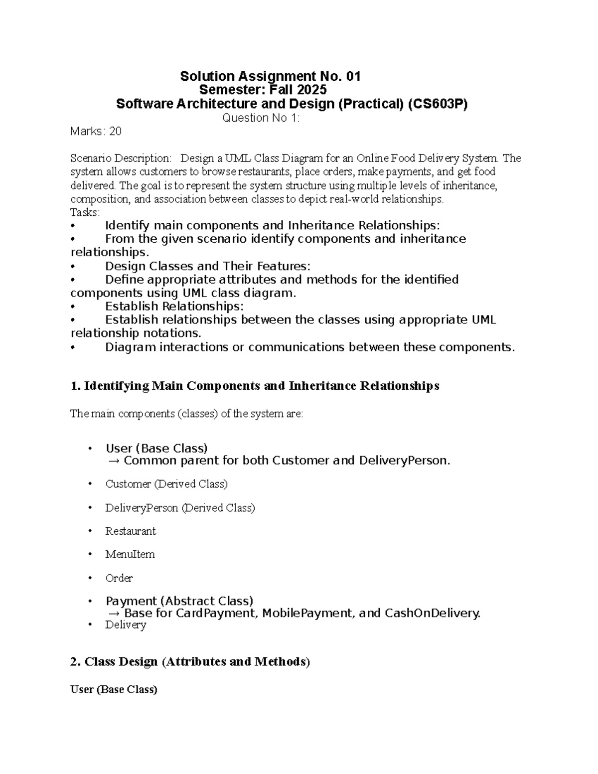 UML Class Diagram Design for Online Food Delivery System (CS603P) - Studocu
