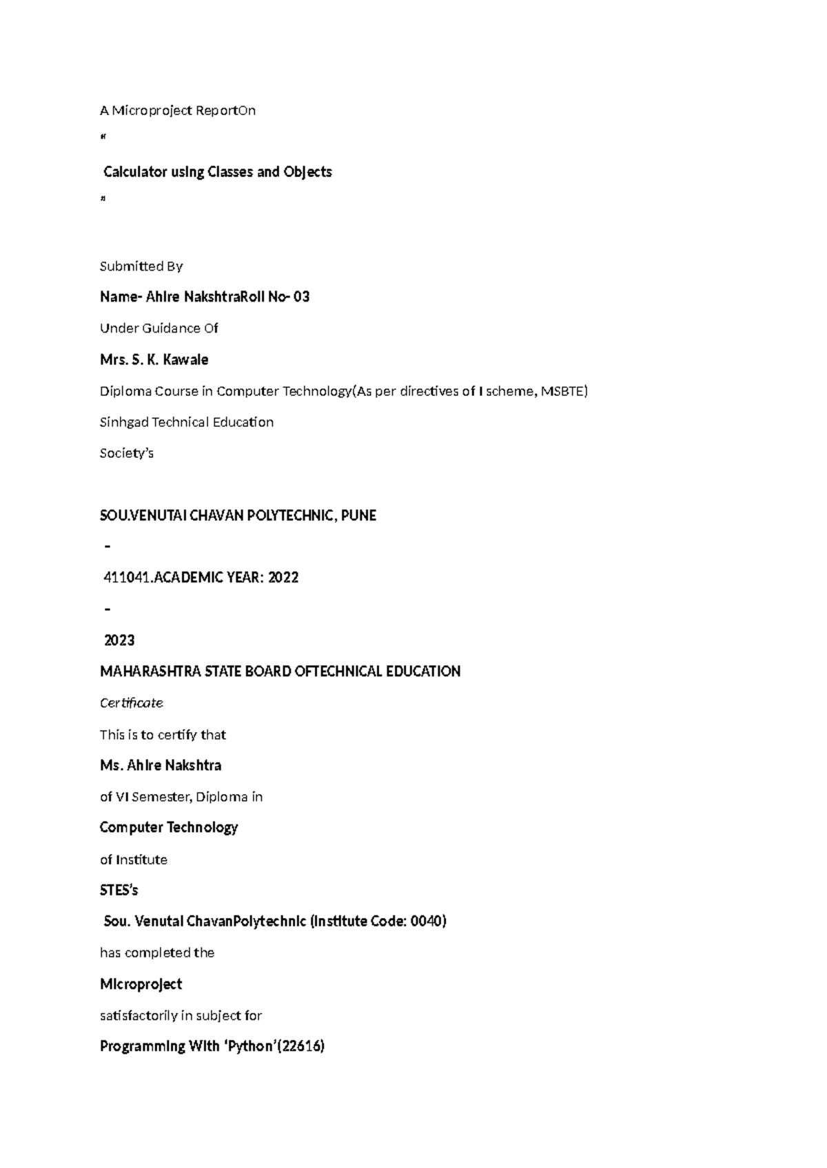 Python Microproject Report - Calculator Using Classes & Objects (22616 ...