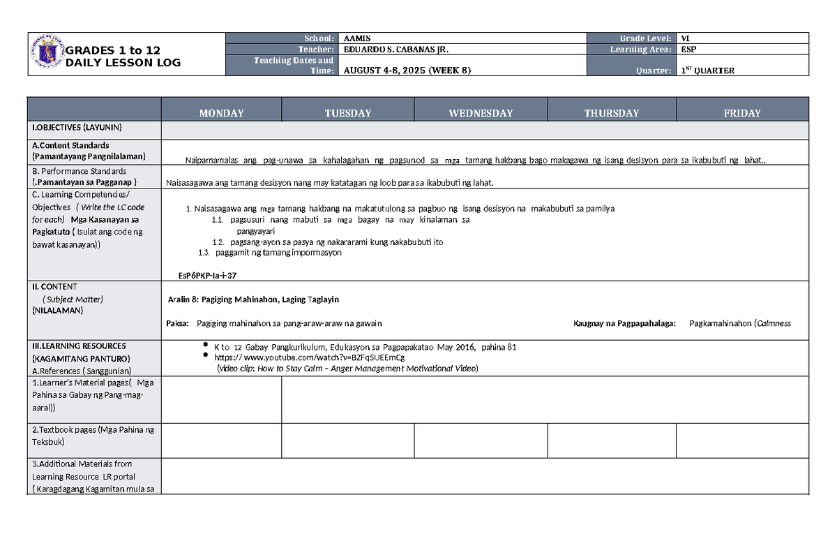 DLL ESP 6 Q1 W8: Daily Lesson Log for Grade 6 - Week 8 - Studocu