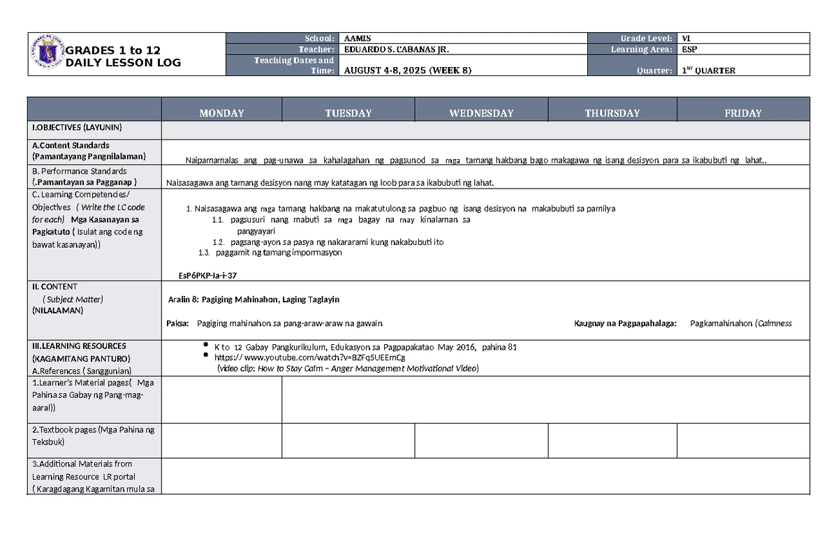DLL Filipino 6 Q1 W8: Daily Lesson Log for August 2025 - Studocu
