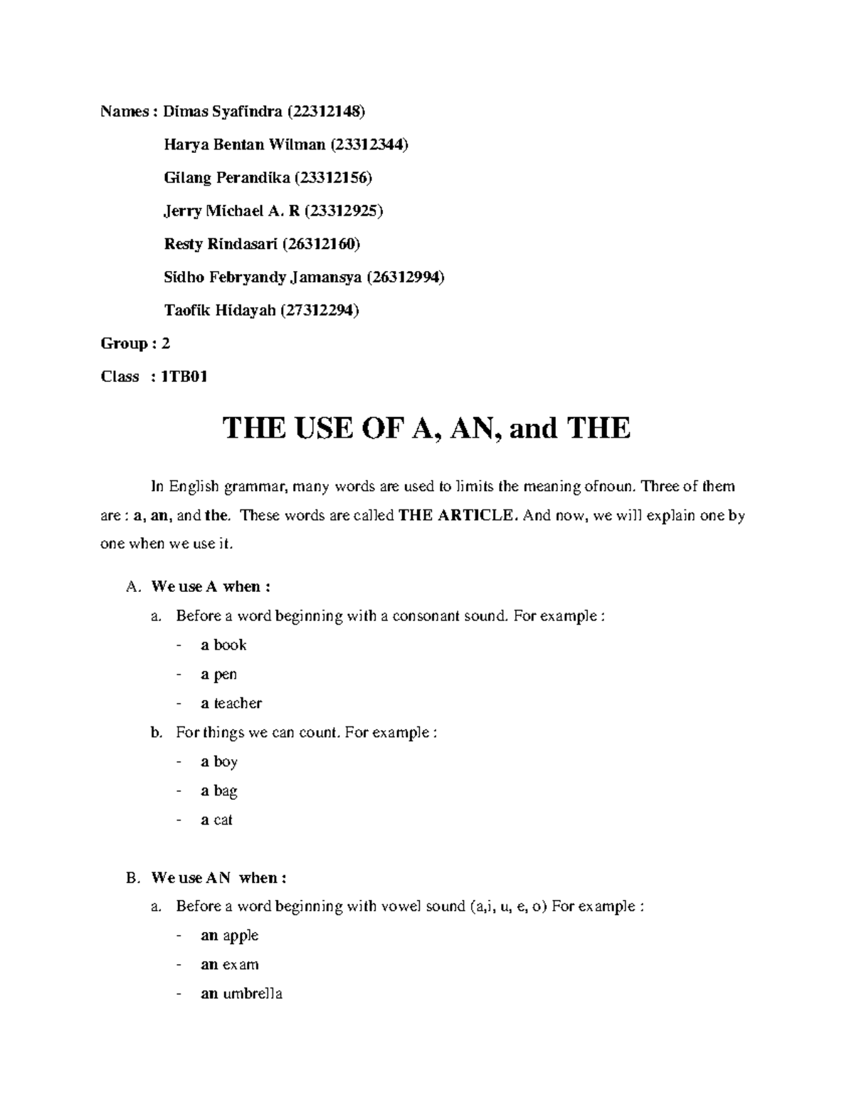 1TB01: The Use of A, AN, and THE in English Grammar - Studocu