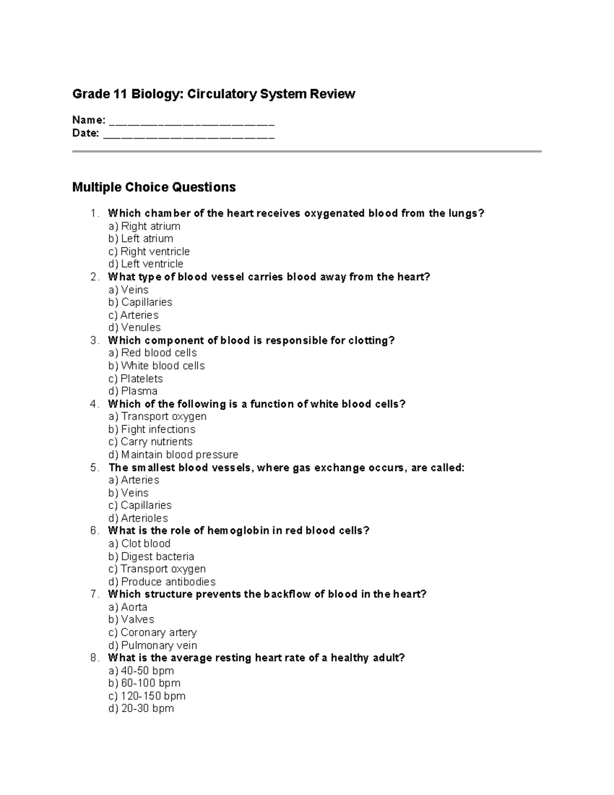 Grade 11 Biology Circulatory System Review - Grade 11 Biology ...