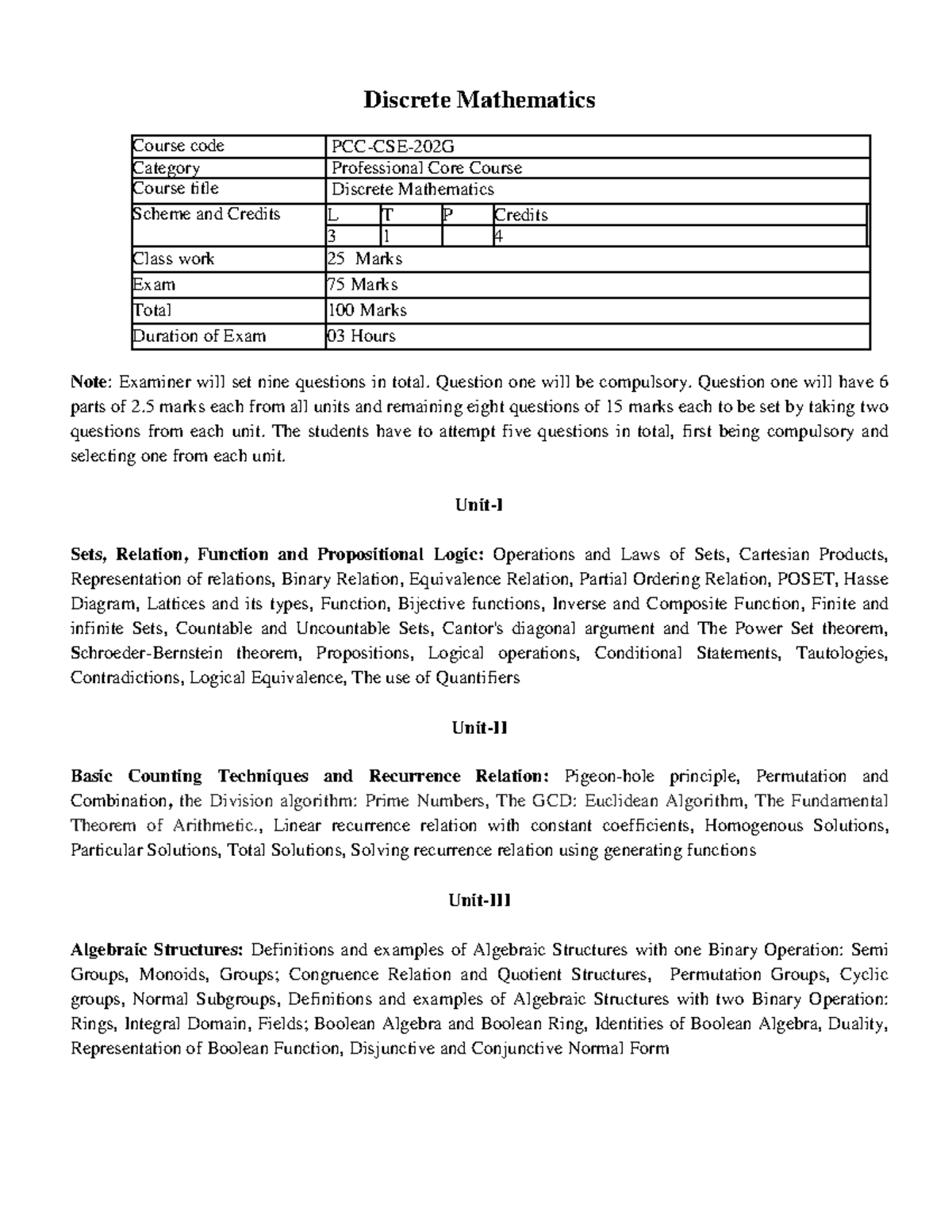 PCC-CSE-202G Discrete Mathematics Syllabus and Course Overview - Studocu