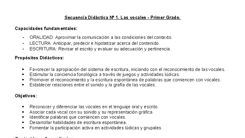 Secuencia didáctica Nº 1: Las vocales en primer grado - Document Preview