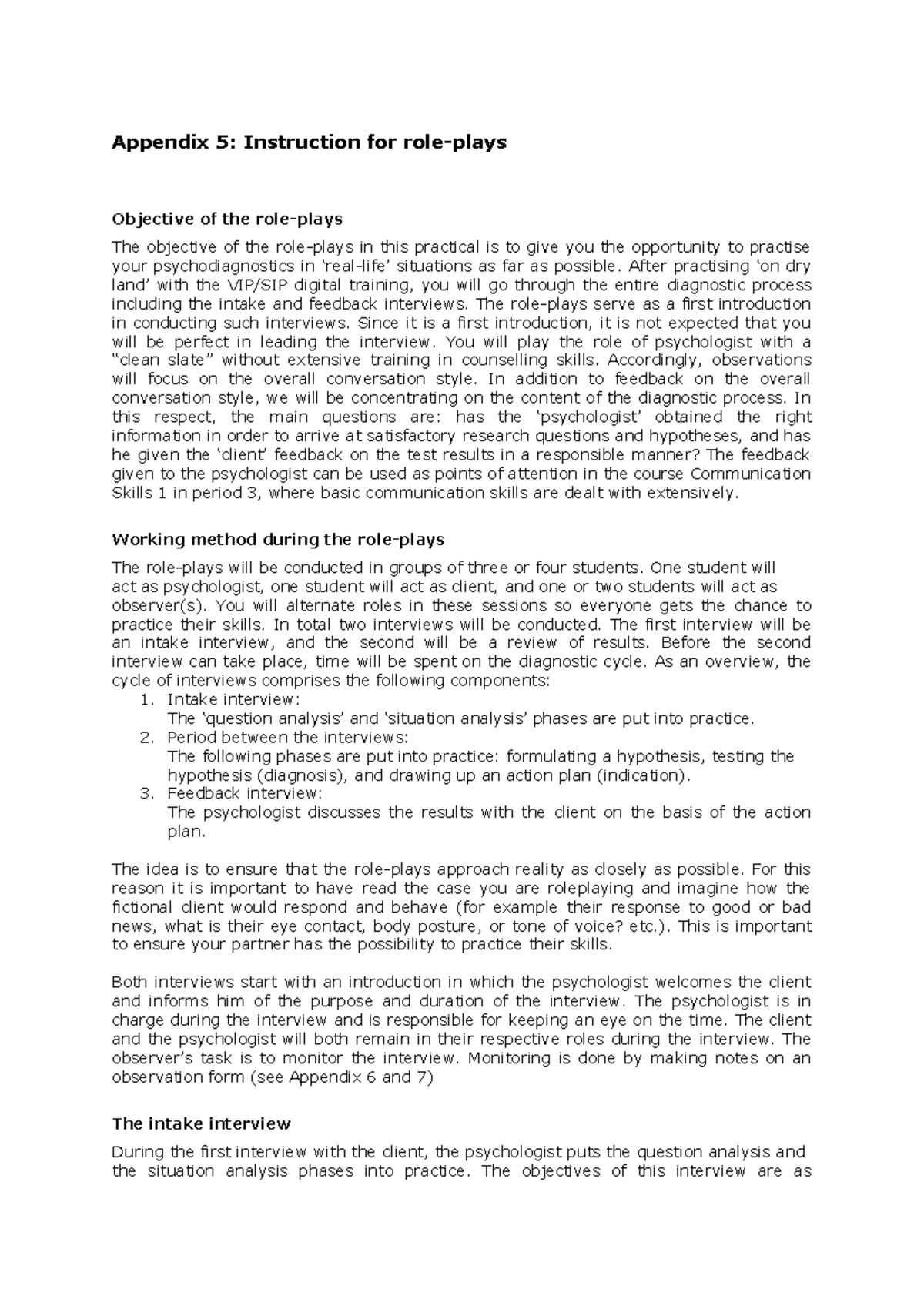 Appendix 5: Instructions for Psychodiagnostic Role-Plays - Studeersnel
