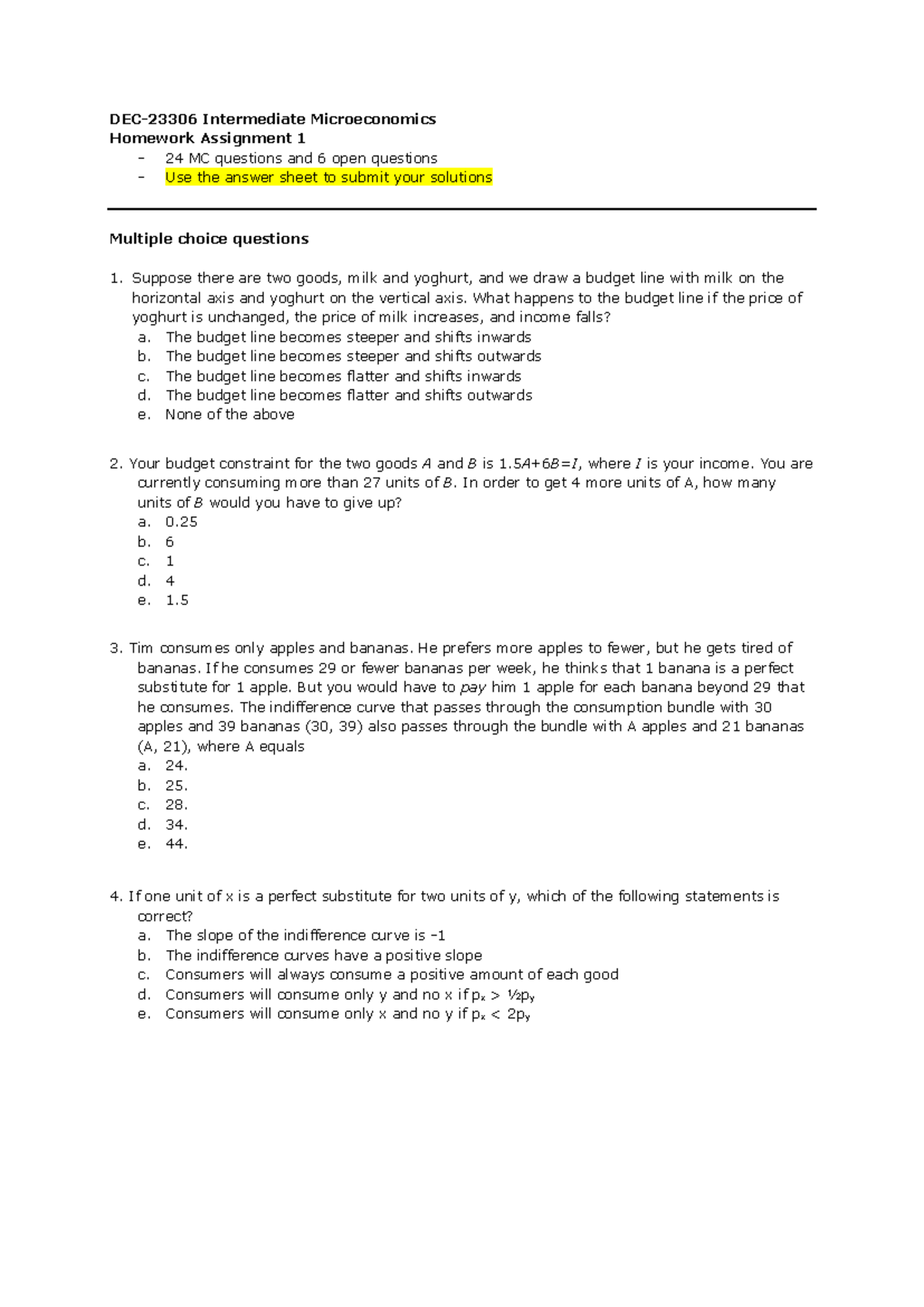 DEC23306 Intermediate Microeconomics - Assignment 1 Solutions Guide ...