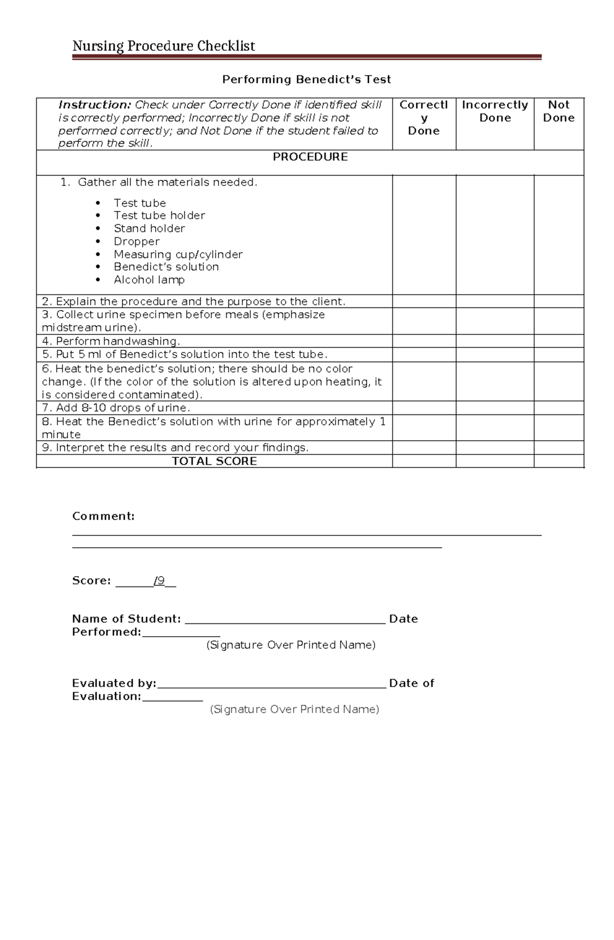 NURS 101 - Benedict's Test Procedure Checklist for Skills Assessment ...
