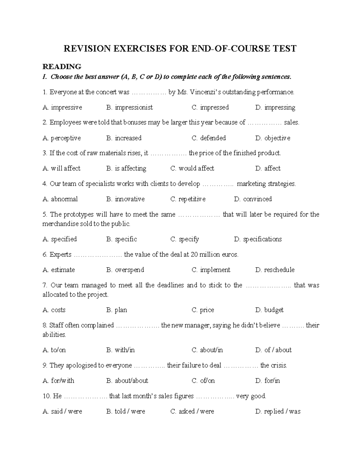 REVISION EXERCISES FOR TEST READING I: Practice Questions and Answers ...