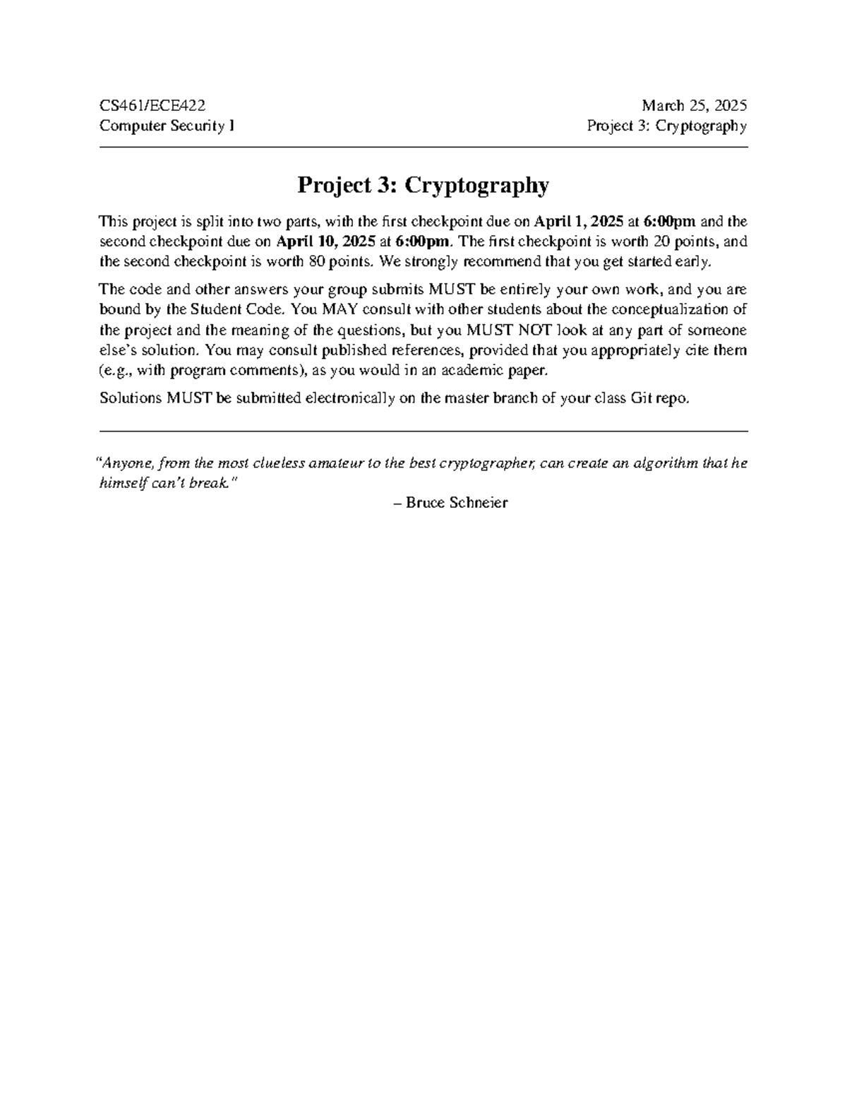 CS 461/ECE 422 Project 3: Cryptography Guidelines & Checkpoints