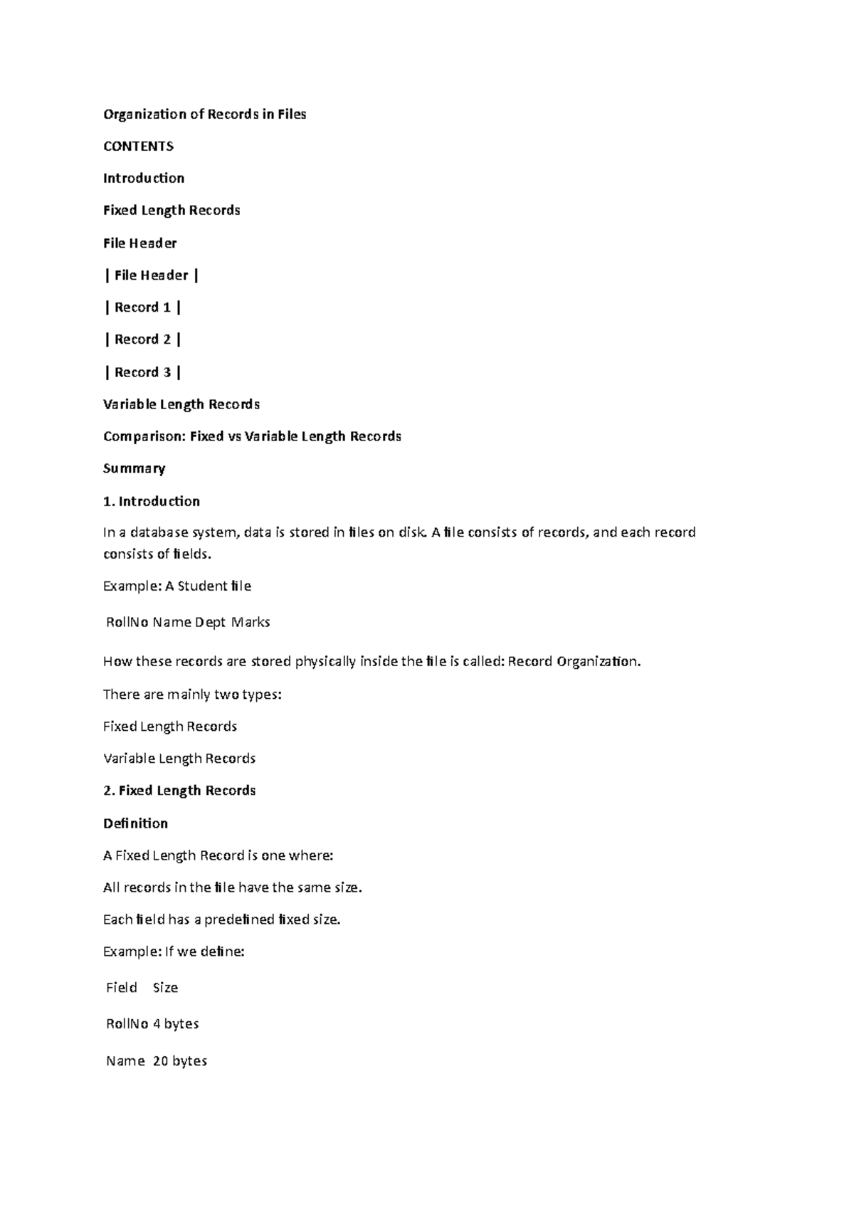Organization of Records in Files: Fixed vs Variable Length Records ...