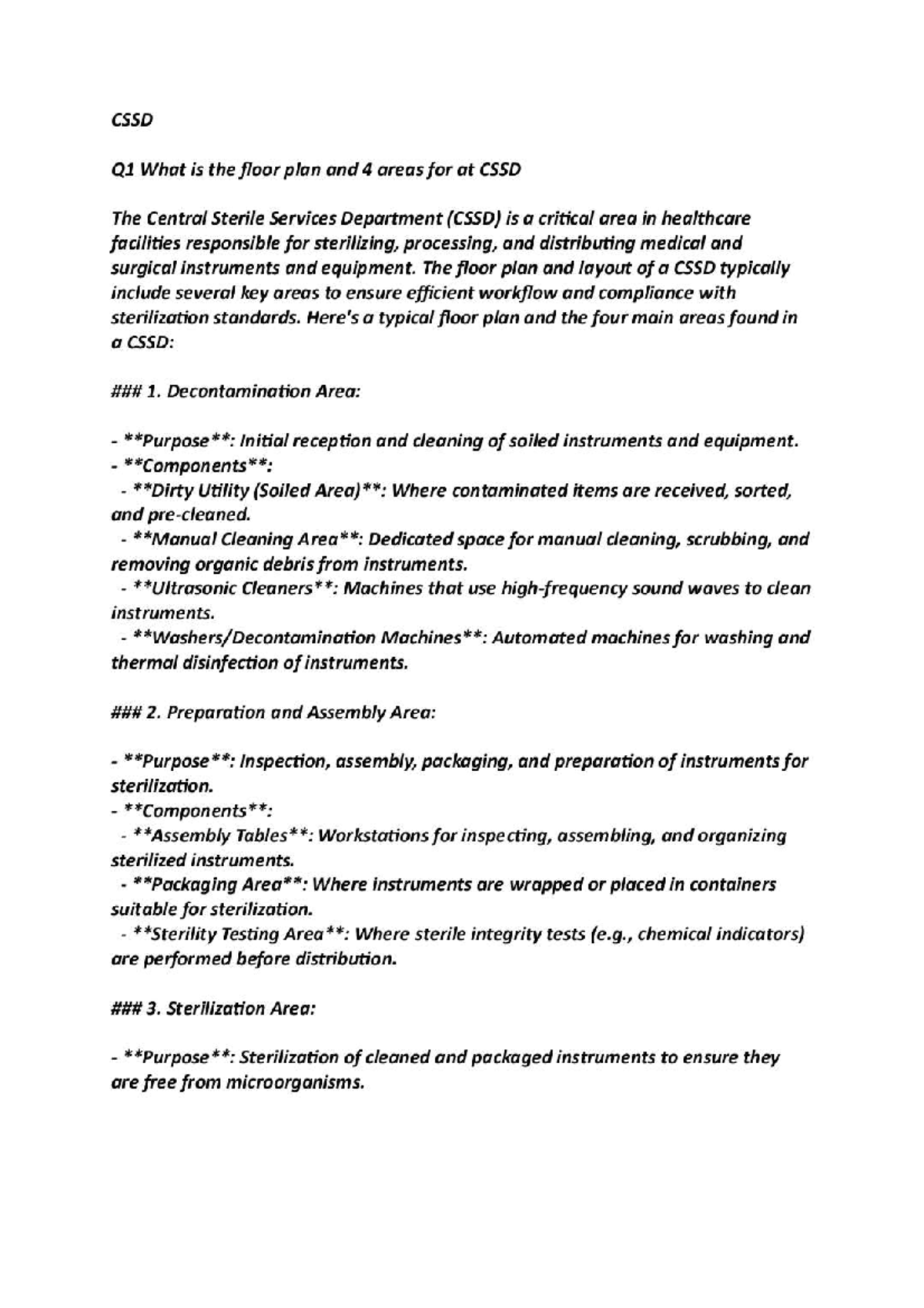 CSSD Q1: Floor Plan & Key Areas of Central Sterile Services Dept. - Studocu