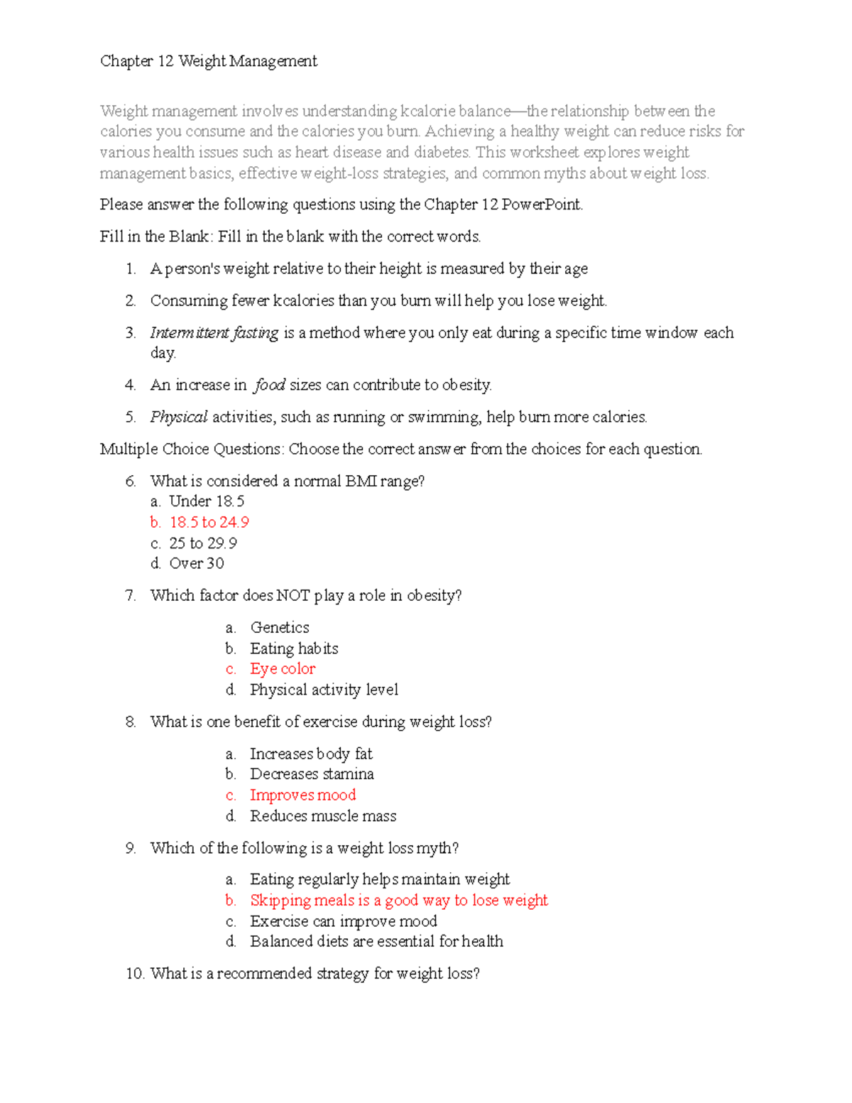 Chapter 12 Weight Management Study Guide and Q&A - Studocu