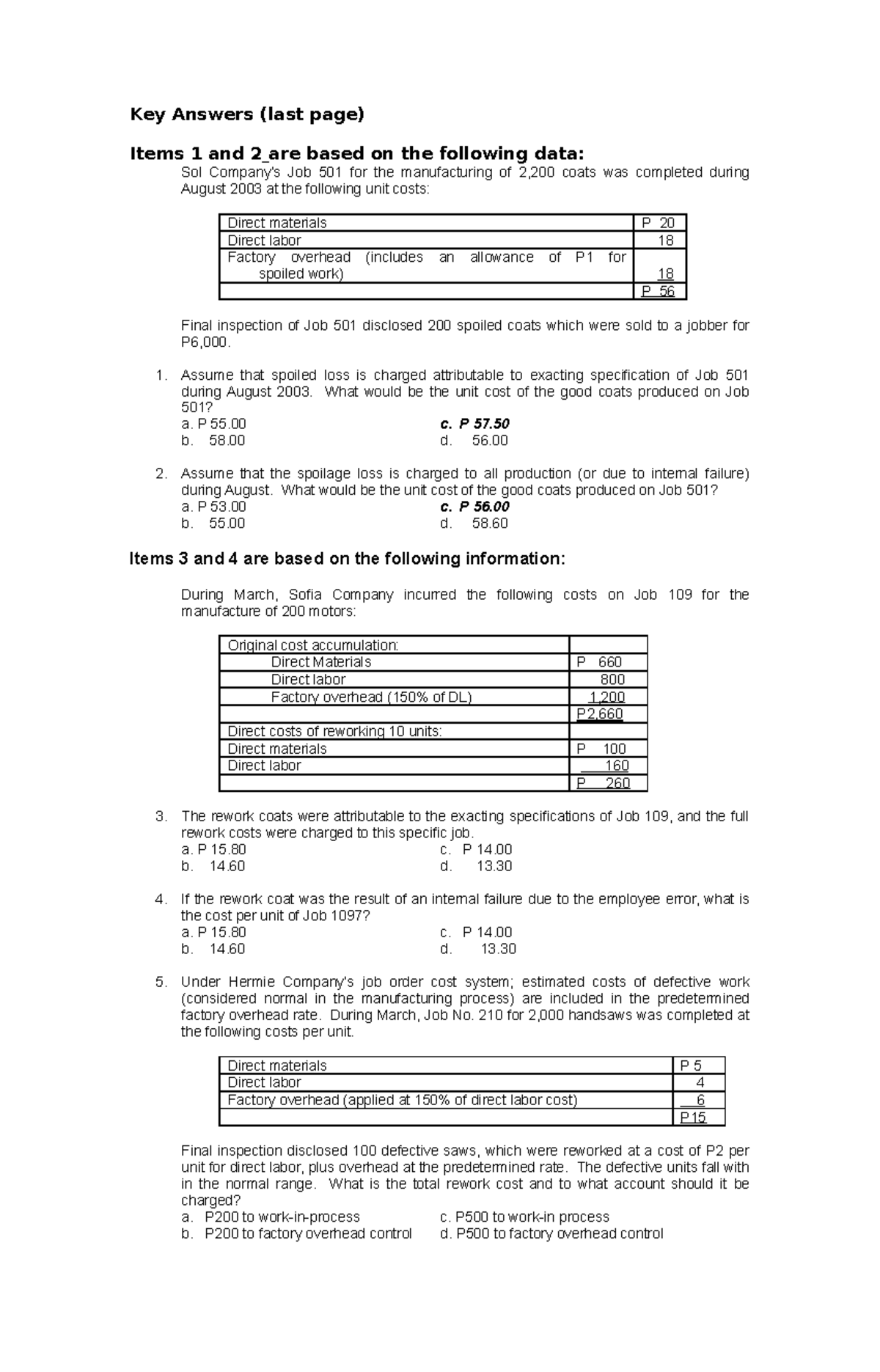 COST ACCOUNTING: Key Answers and Analysis for Job Orders & Spoilage ...