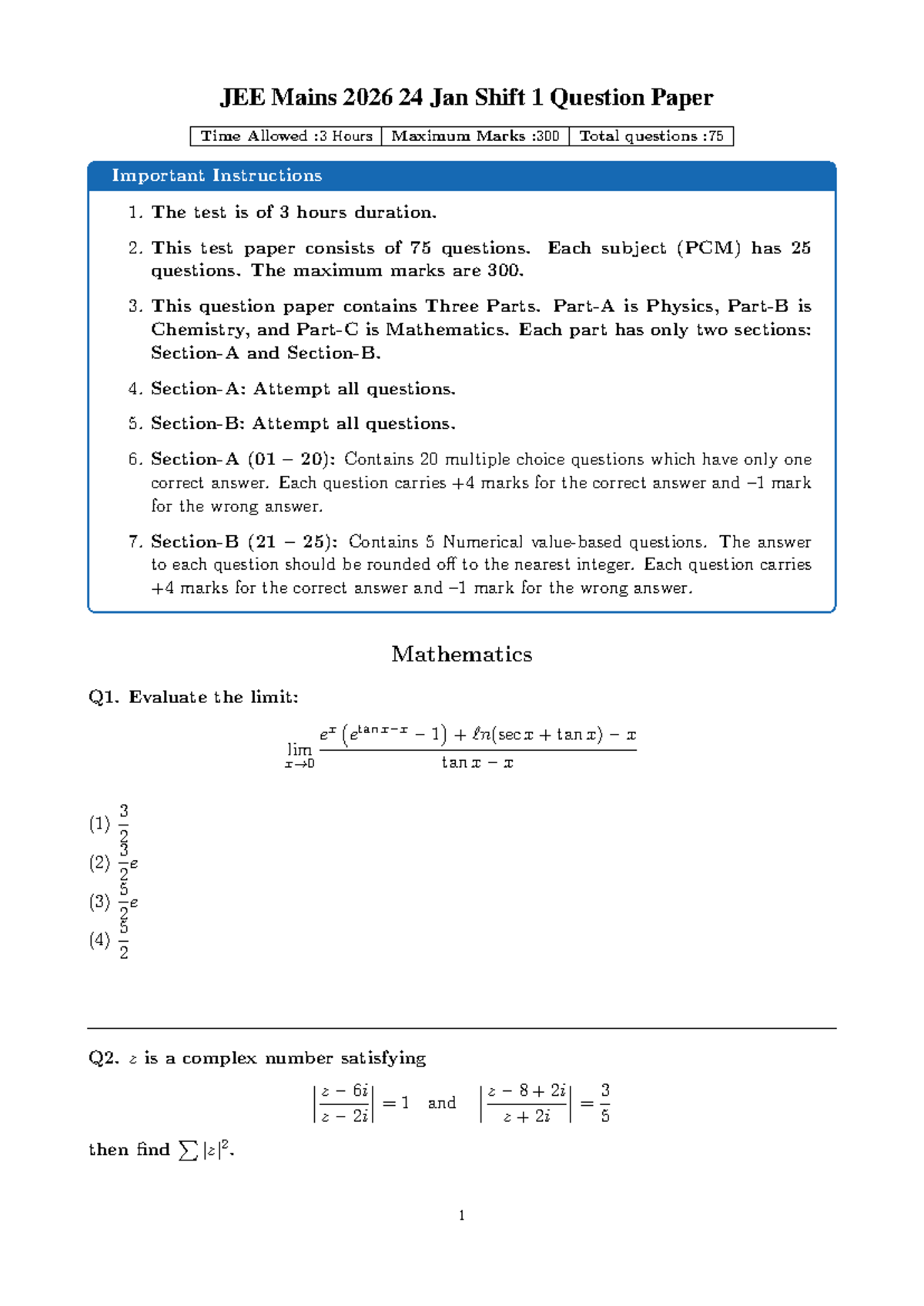 JEE Mains 2026: 24 Jan Shift 1 Question Paper Analysis - Studocu