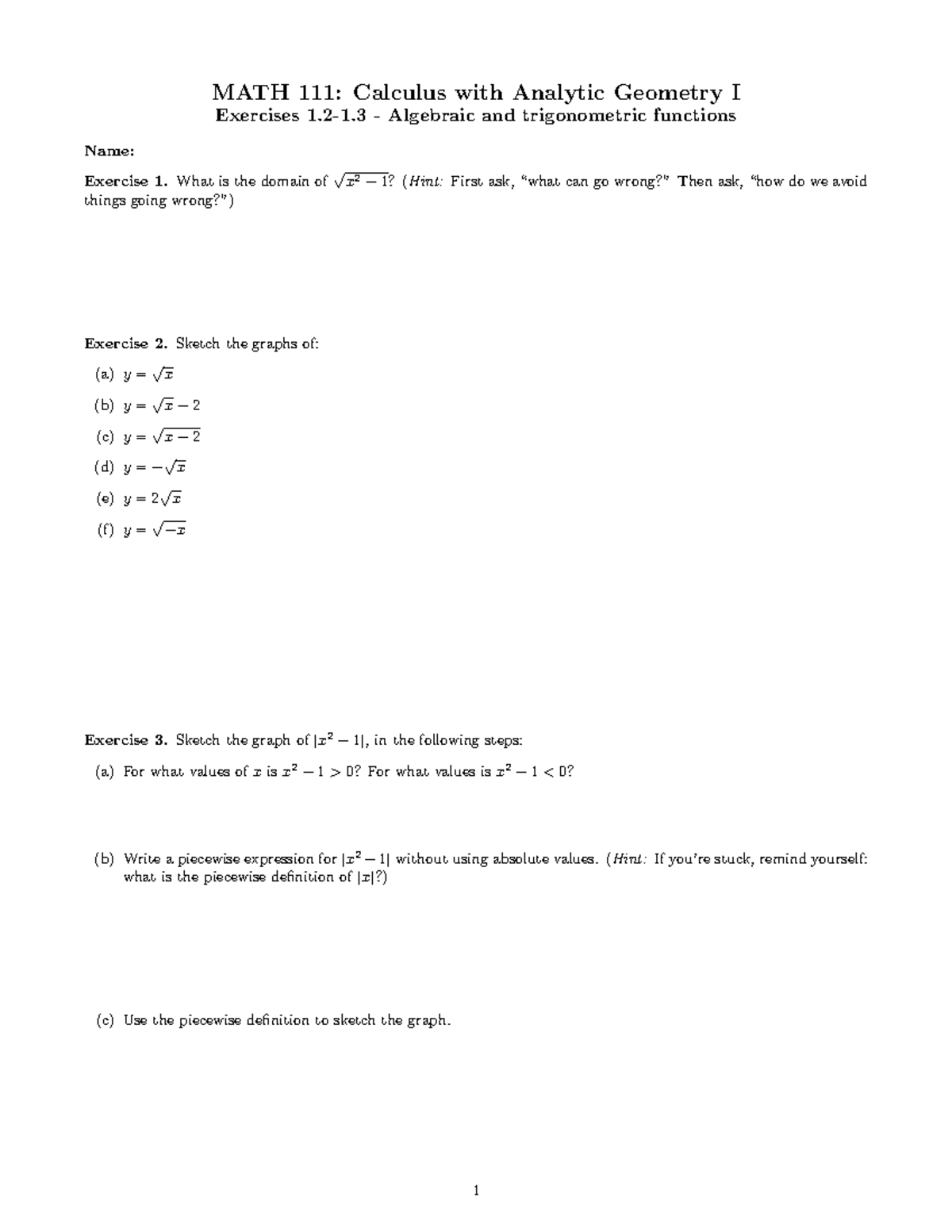 MATH 111: Calculus with Analytic Geometry I - Exercises Overview - Studocu