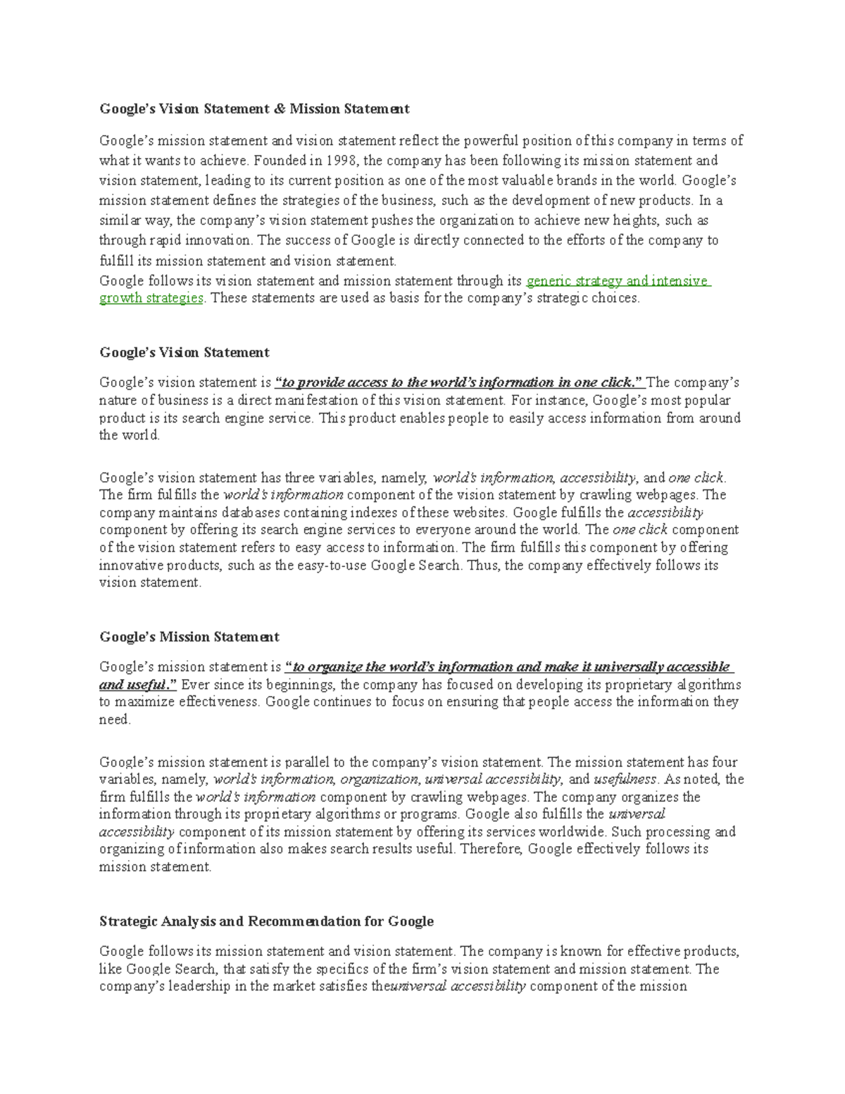 Mission And Vision Statement Of Google